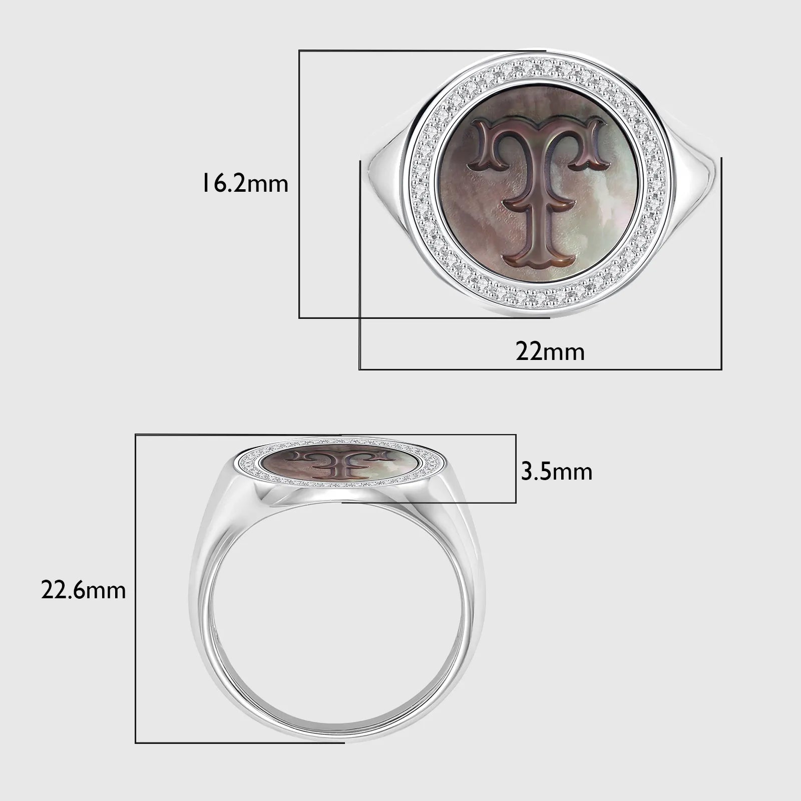 Initial T Letter Series Mother of Pearl and Diamond Signet Ring