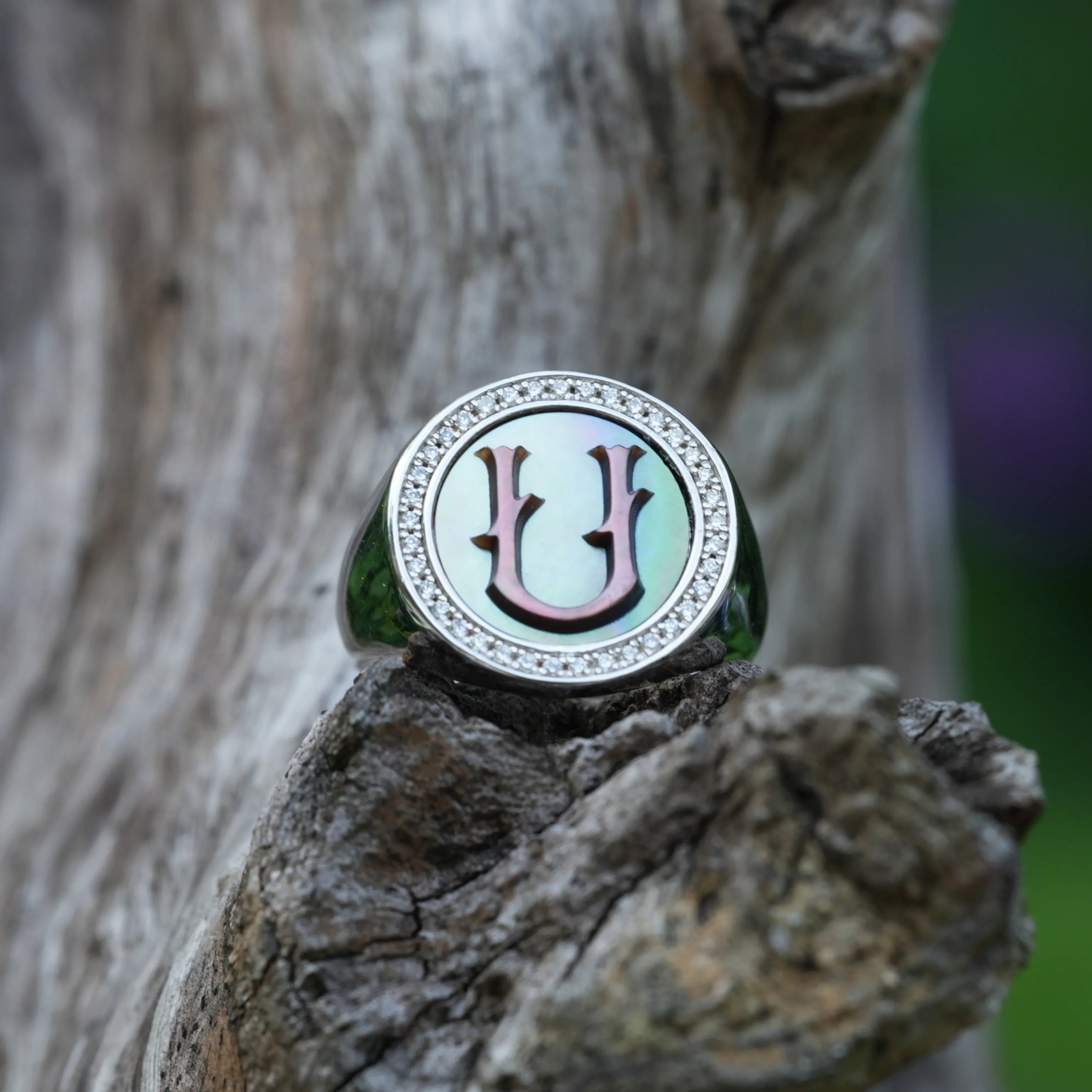 Initial U Letter Series Mother of Pearl and Diamond Signet Ring