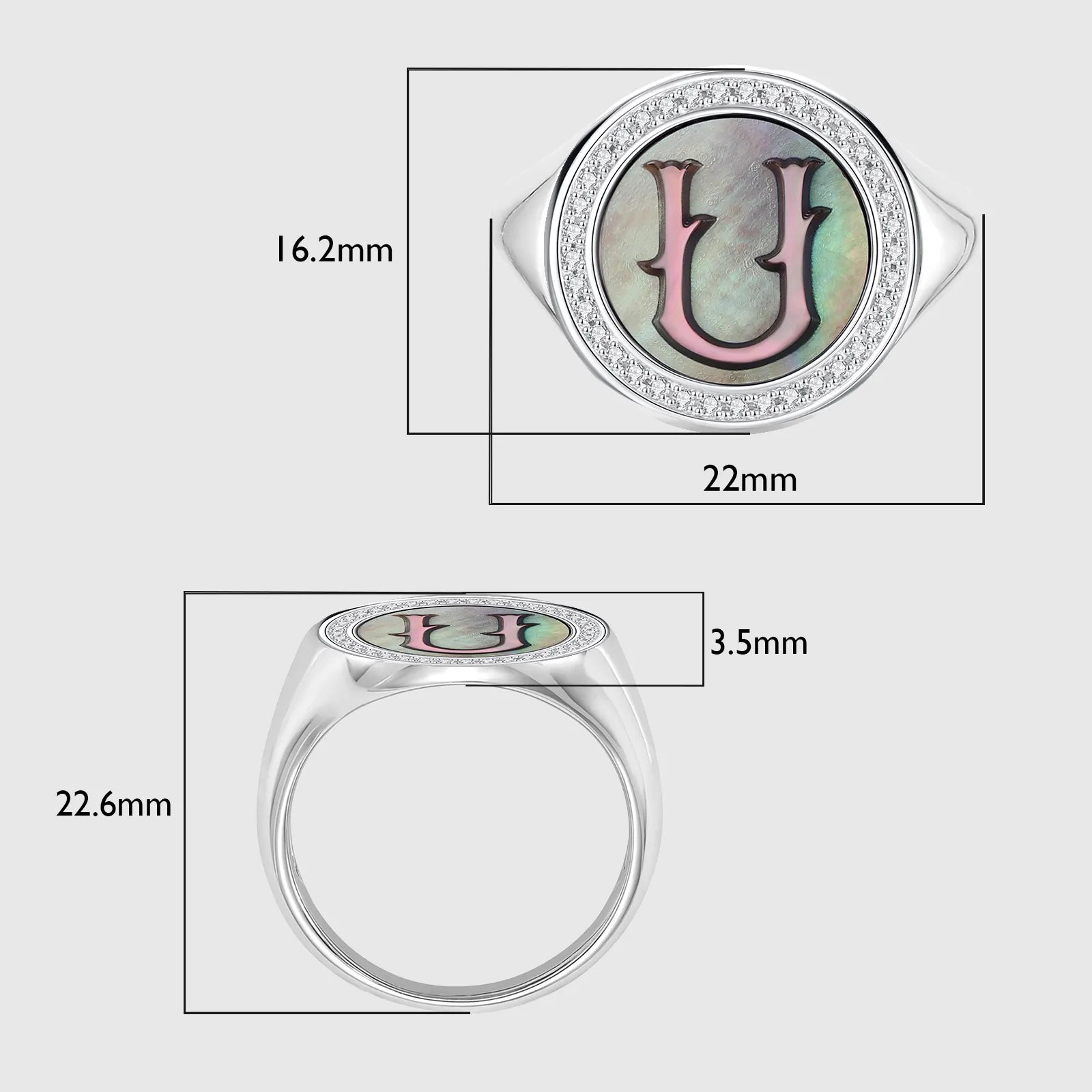 Initial U Letter Series Mother of Pearl and Diamond Signet Ring