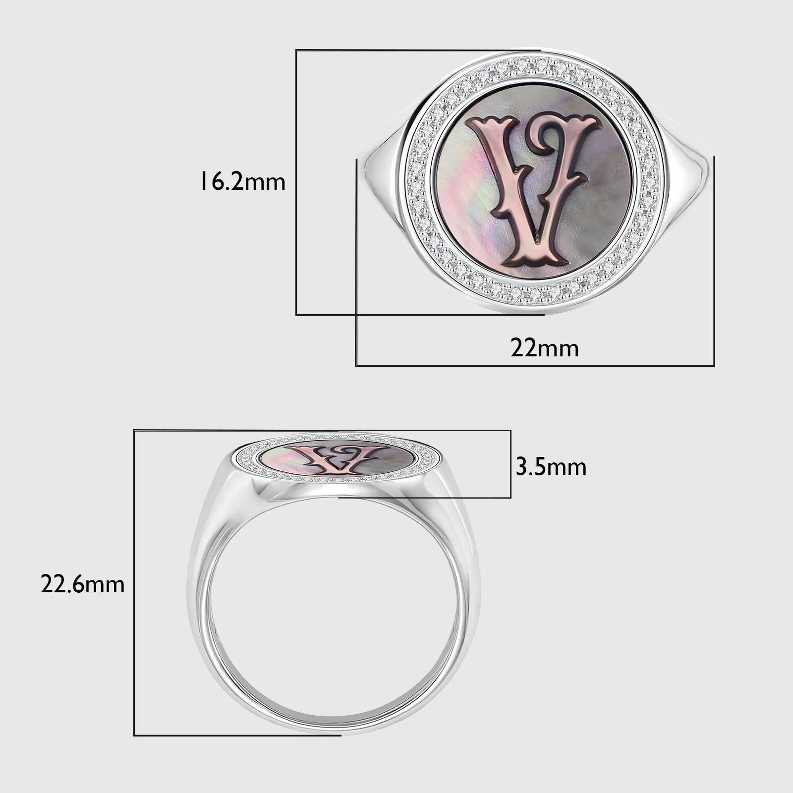Initial V Letter Series Mother of Pearl and Diamond Signet Ring