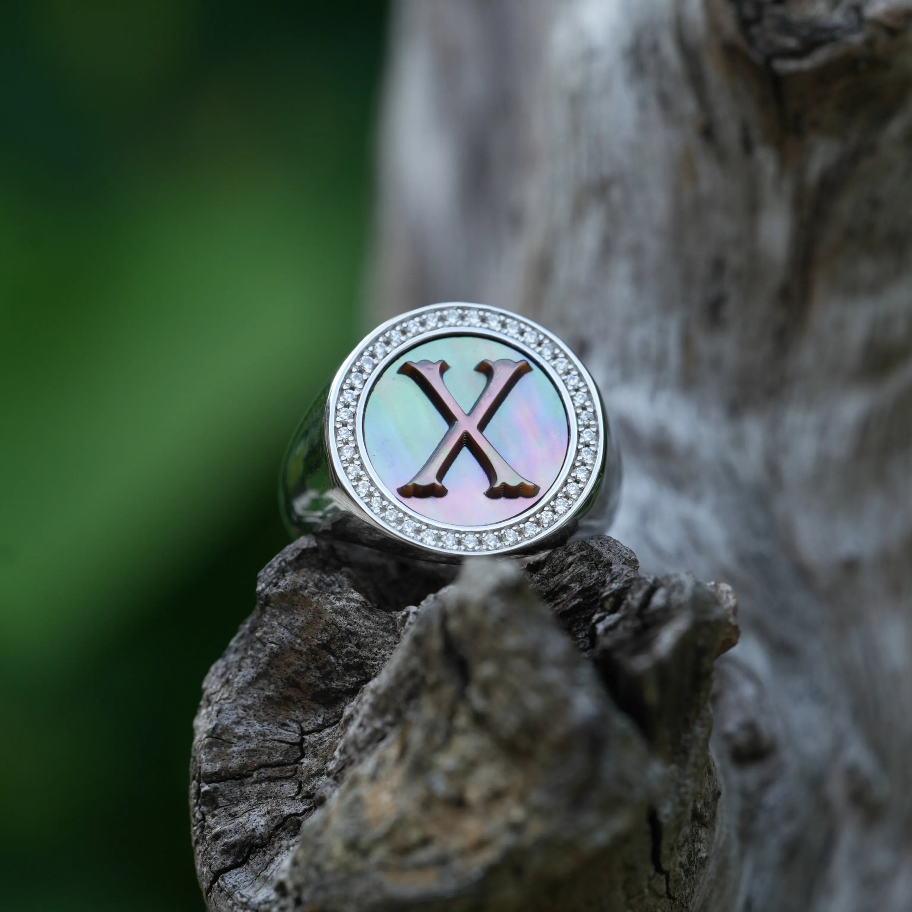 Initial X Letter Series Mother of Pearl and Diamond Signet Ring