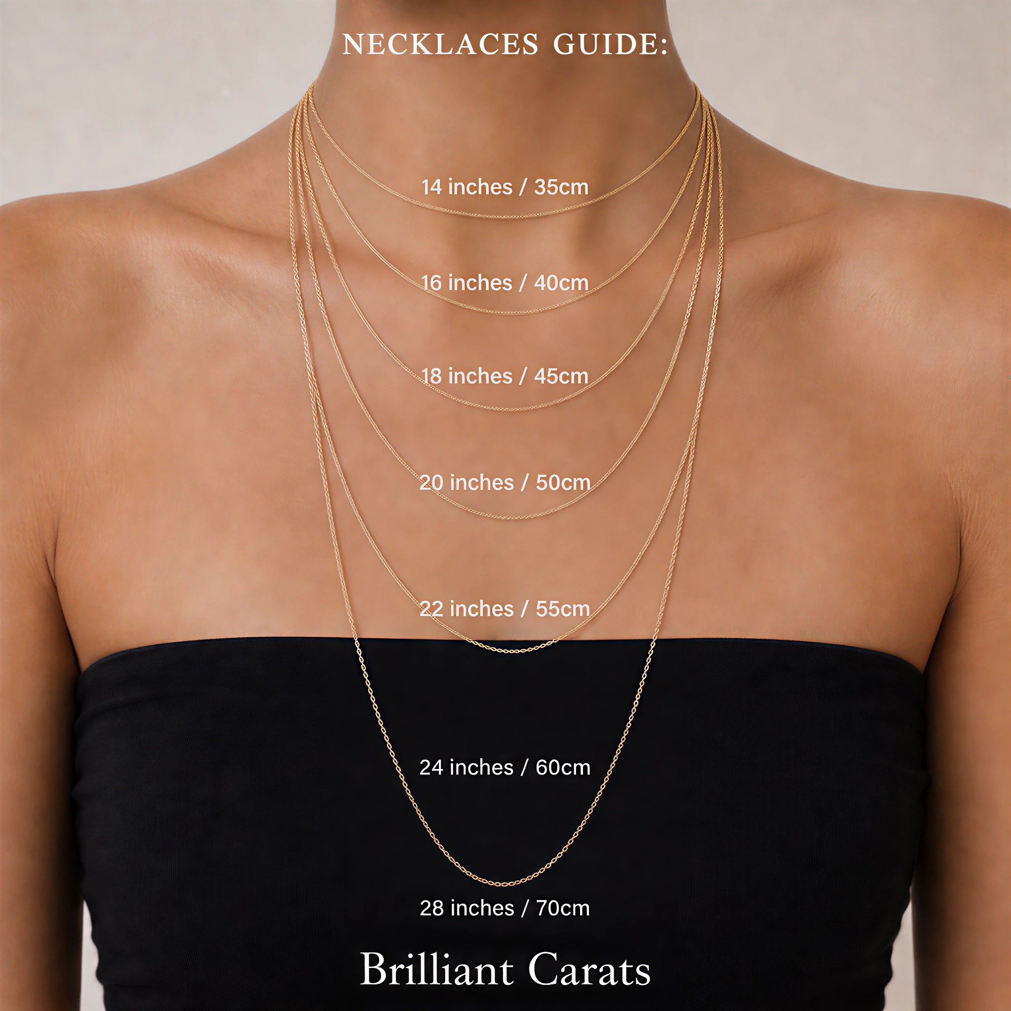 A model wearing layered gold necklaces with overlaid size labels from 14 inches to 28 inches, under the heading 'NECKLACES GUIDE:' and branded 'Brilliant Carats' at the bottom.