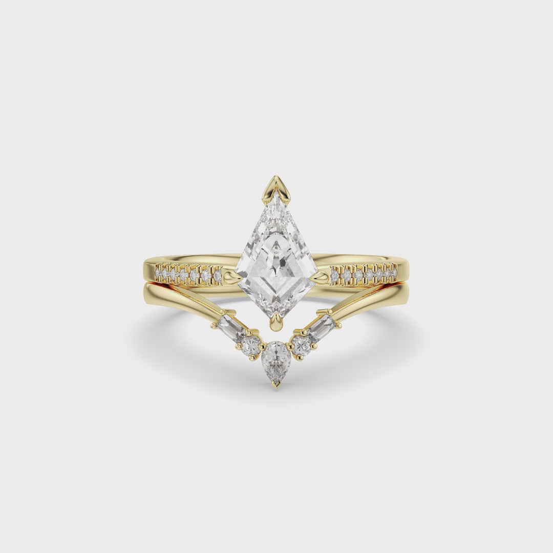 Unique Kite Diamond Ring Set with Matching Band Modern K Gold Bridal Set