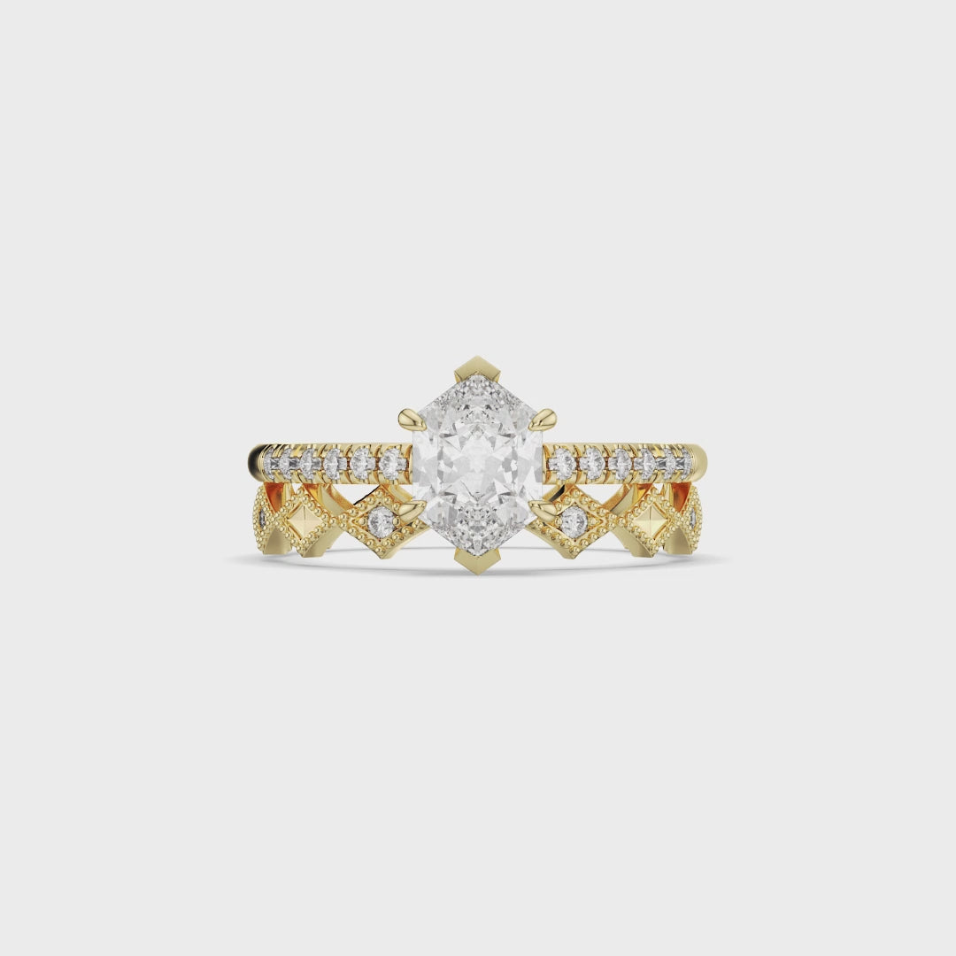 Hexagon Cut Diamond Engagement Ring with Pavé Band Bridal Set