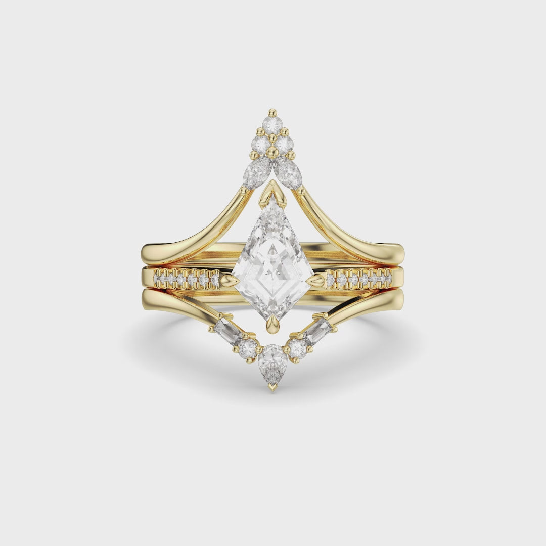 Kite Cut Diamond 3-Piece Bridal Set – Unique Art Deco Engagement & Wedding Ring