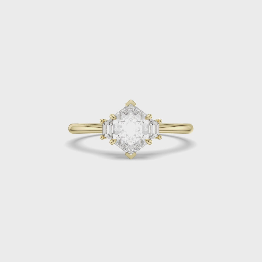 Elongated Hexagon Lab Diamond Three Stone Ring