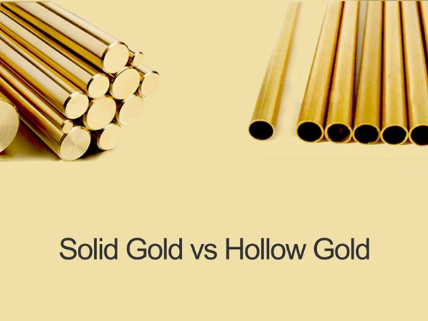 A comparison image illustrating solid gold versus hollow gold, featuring different gold tubes stacked together