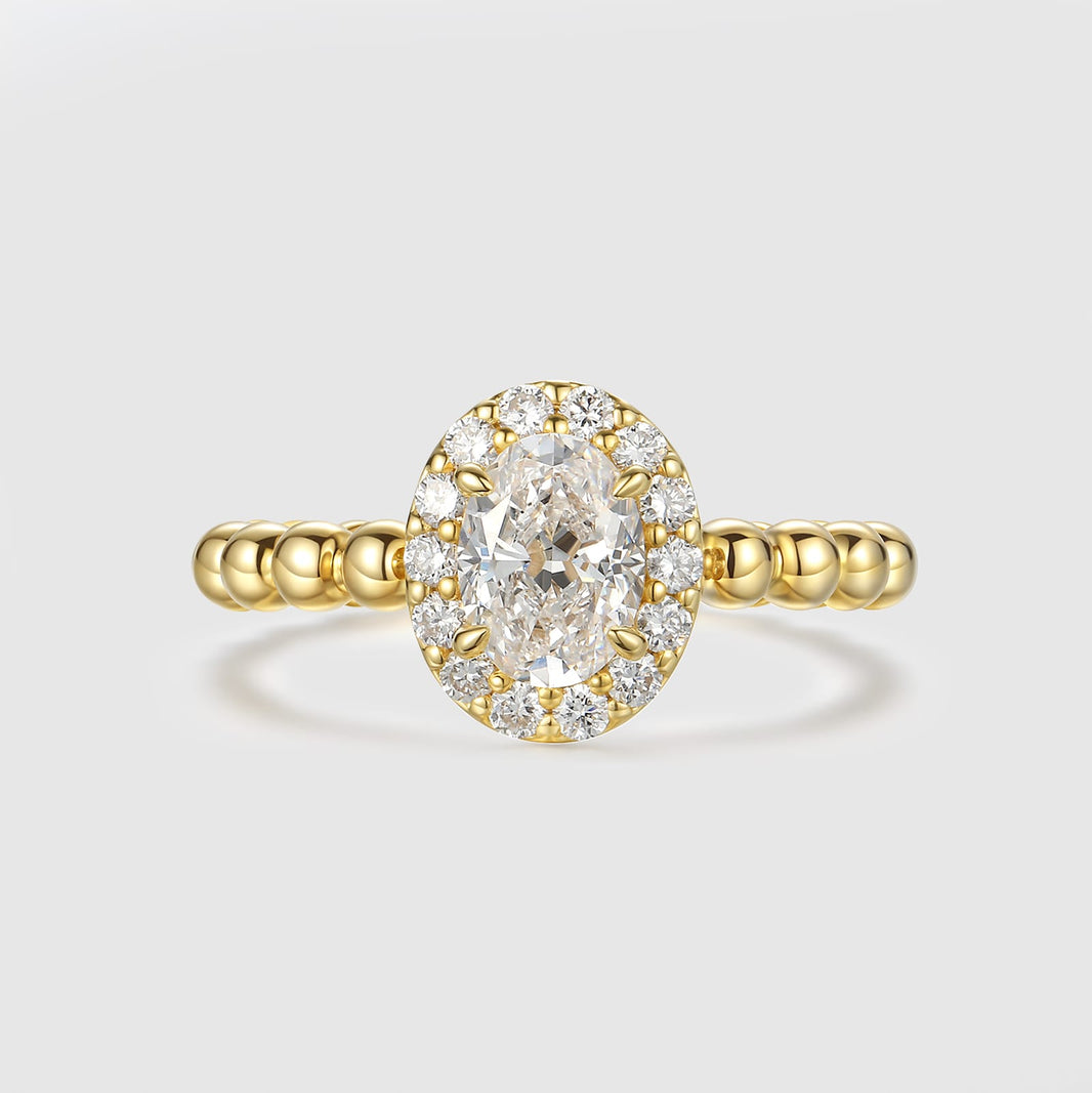Elegant Oval Halo Engagement Ring with Beaded Band