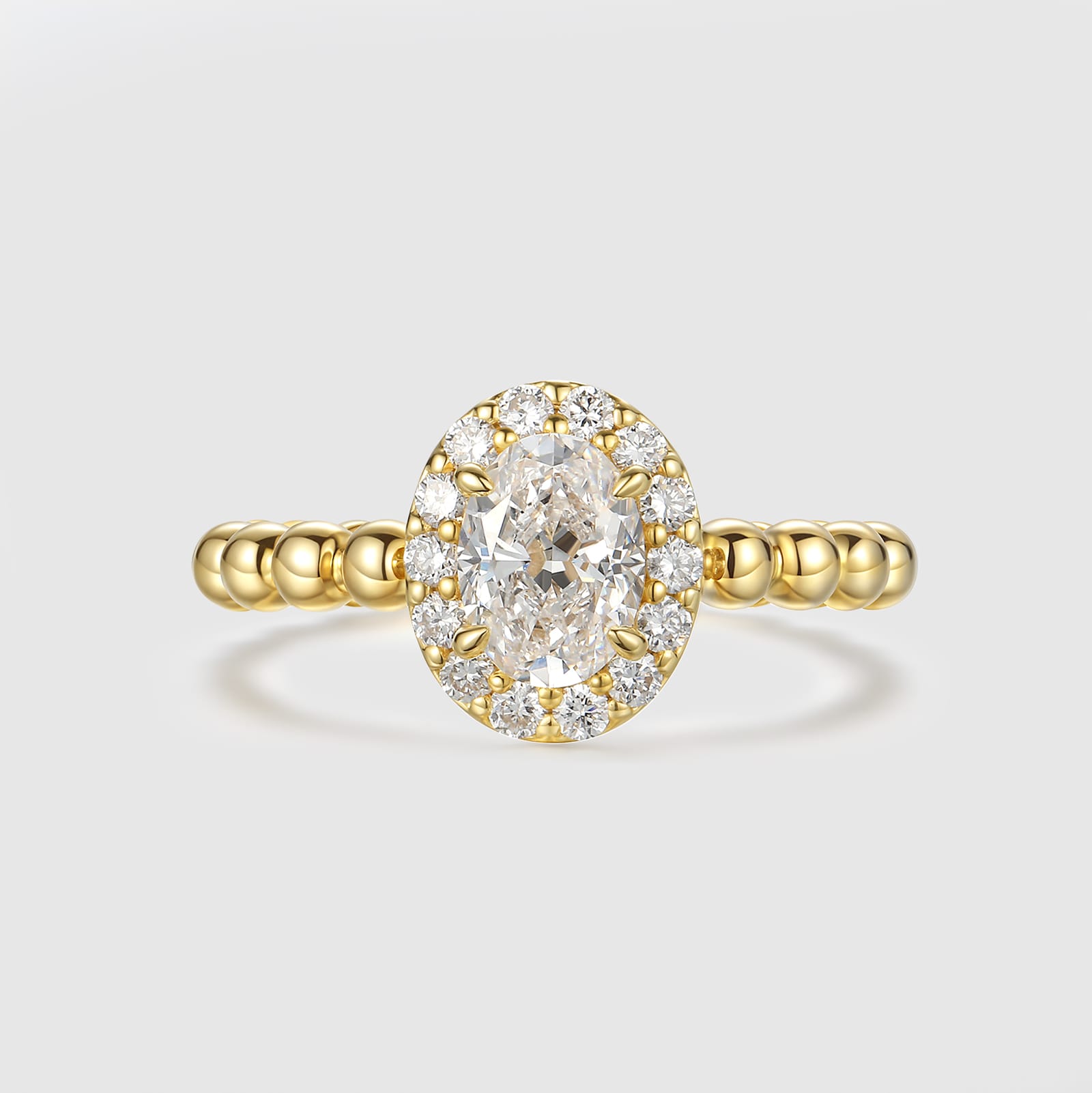 Elegant Oval Halo Engagement Ring with Beaded Band