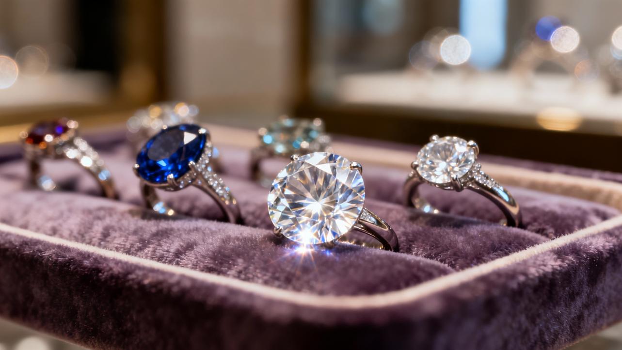 ollection of luxury diamond and gemstone engagement rings displayed on purple velvet jewelry tray, featuring a prominent round brilliant-cut diamond solitaire in center, blue sapphire ring, and smaller diamond rings with sparkling light reflections