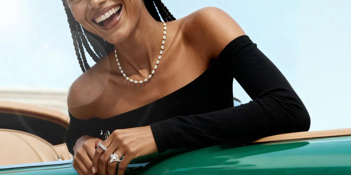 Woman wearing a lab-grown diamond engagement ring from Brilliant Carats' Black Friday 2025 collection, featuring elegant sparkle and 15%–20% off offer.