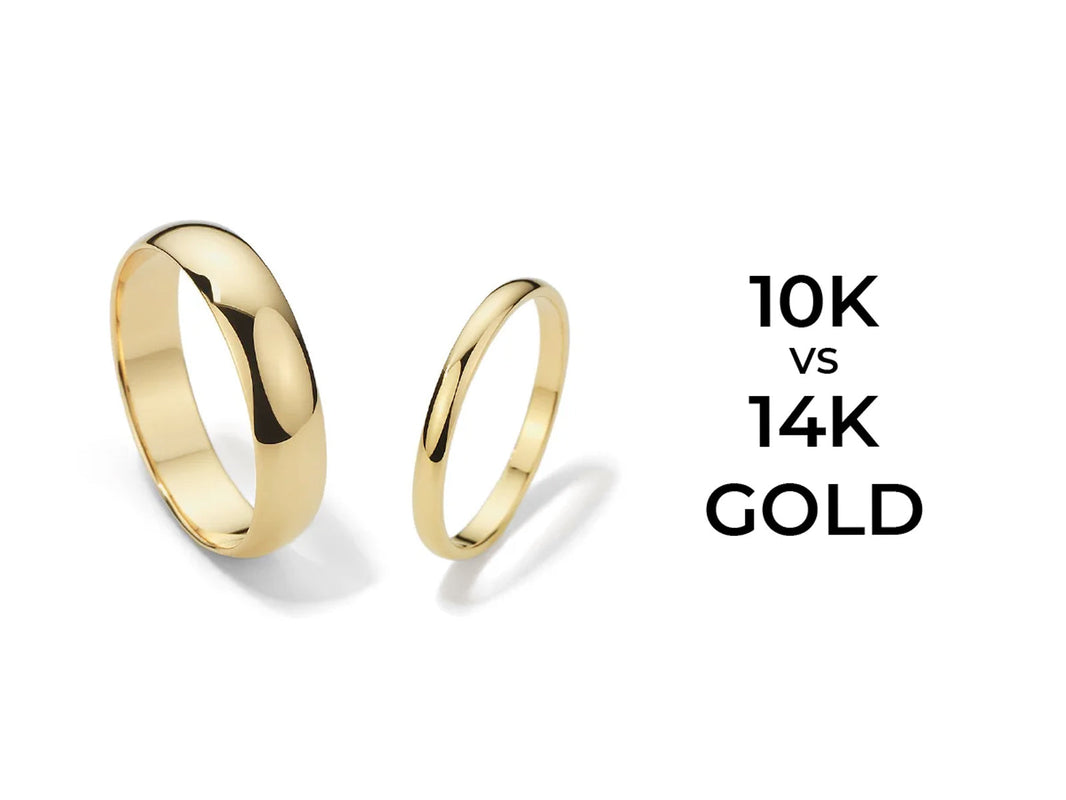 Two simple gold bands, one thicker and one thinner, are shown against a white background.  The text '10k vs 14k GOLD' indicates a comparison of the gold karat weight between the two rings