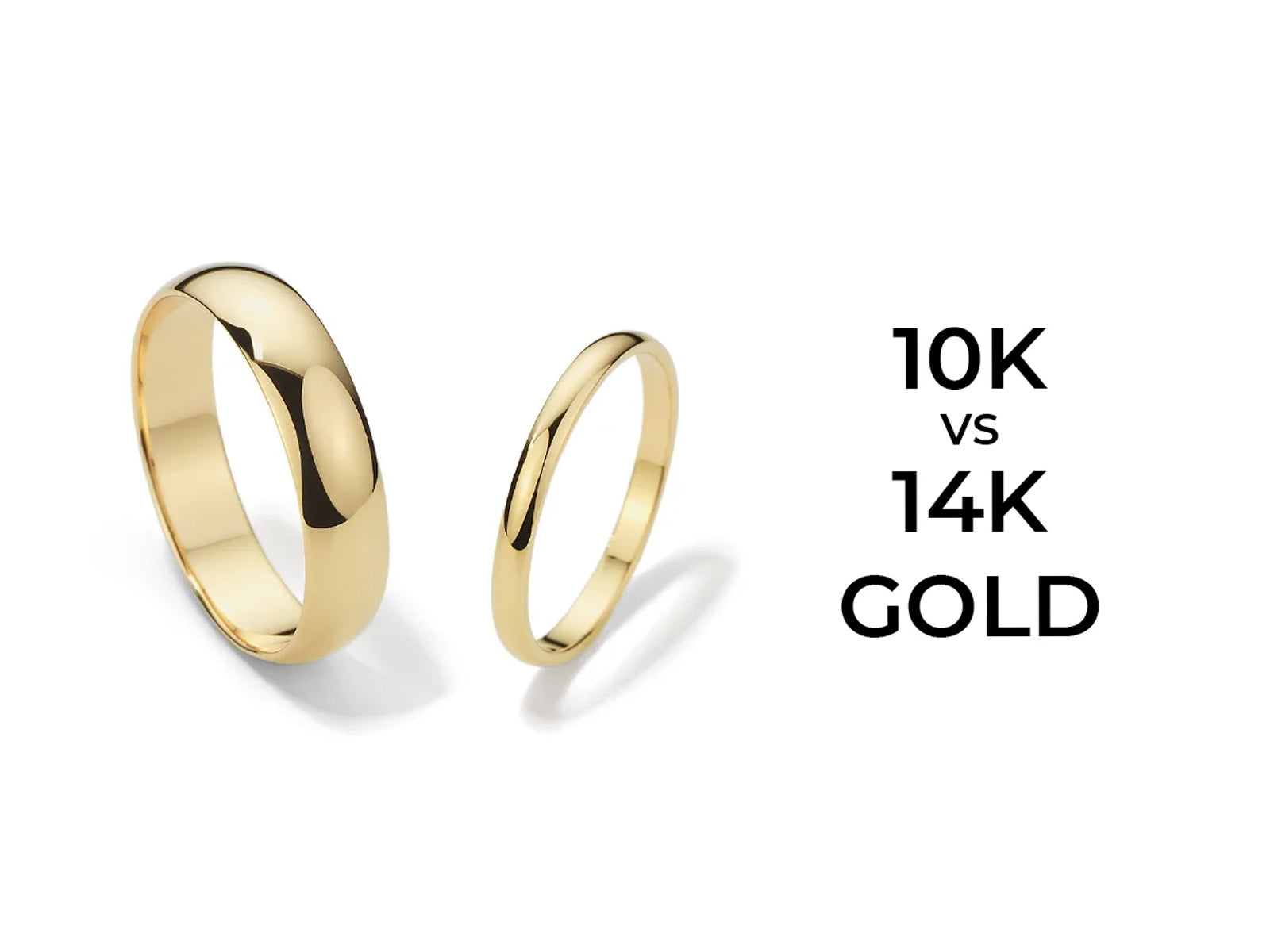 Two simple gold bands, one thicker and one thinner, are shown against a white background.  The text '10k vs 14k GOLD' indicates a comparison of the gold karat weight between the two rings