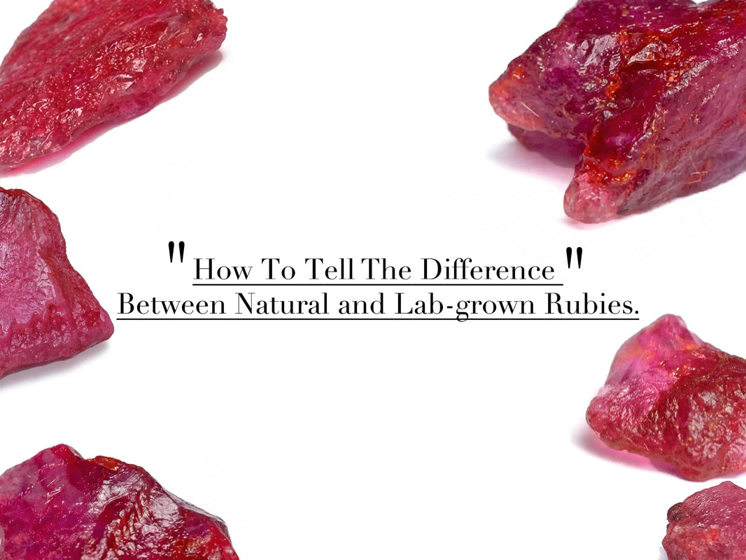 Several rough ruby specimens in various shades of red arranged around white text that reads 'How To Tell The Difference Between Natural and Lab-grown Rubies'