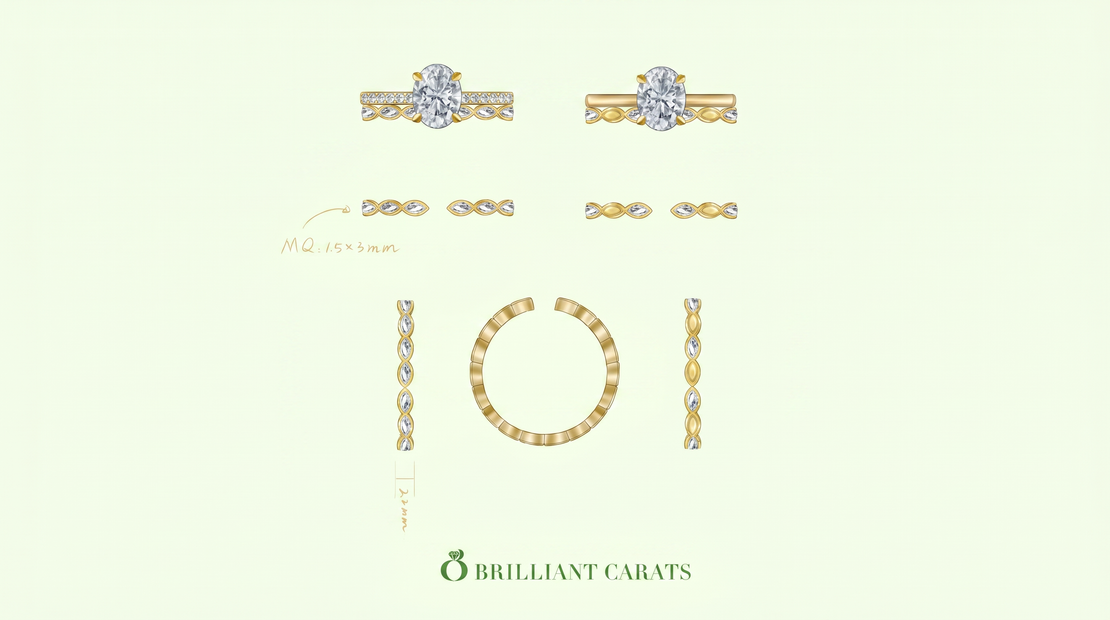 sketch of oval cut diamond ring set 2pcs