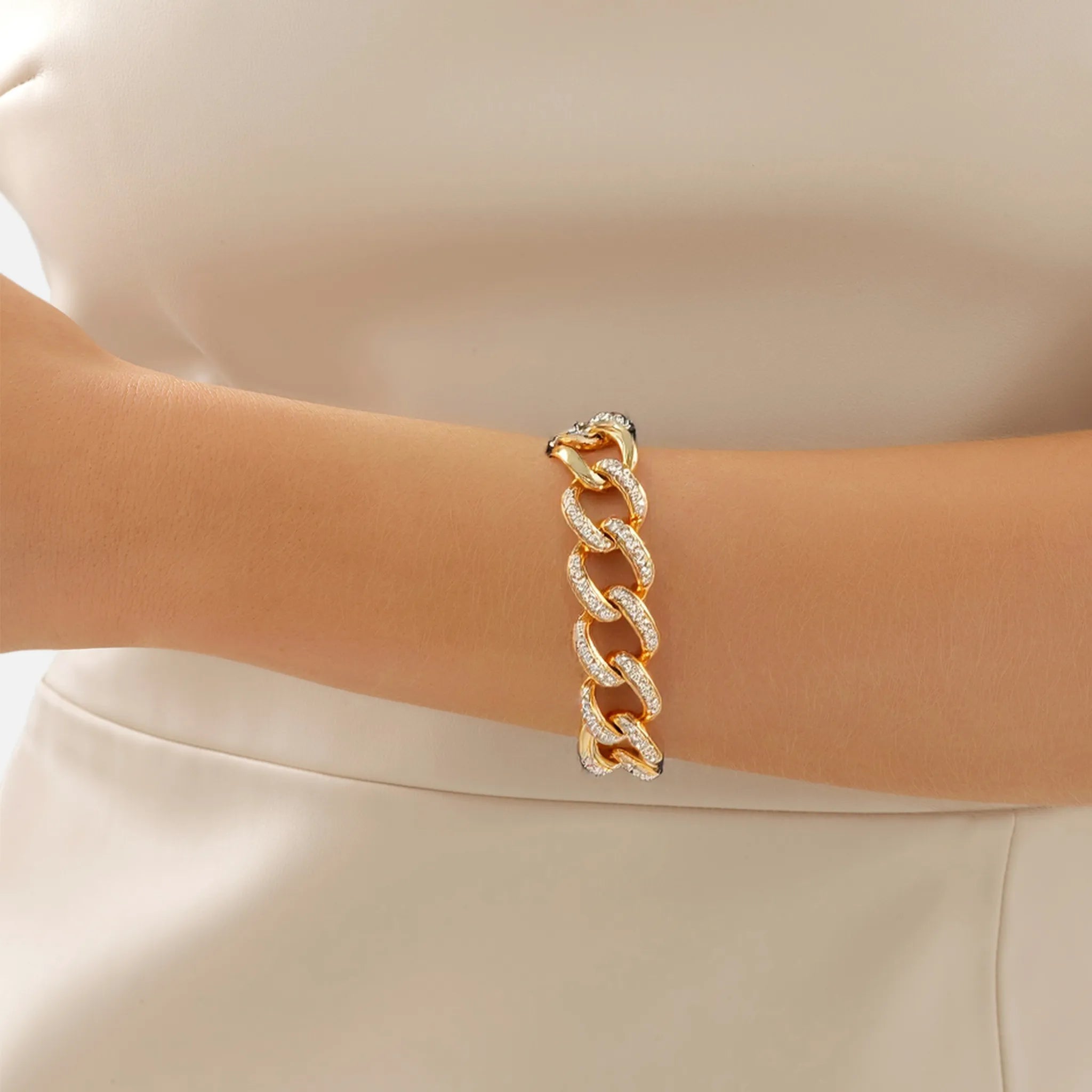 Airy Hollow Gold Cuban Link Bracelet  with Paved  Diamond Setting