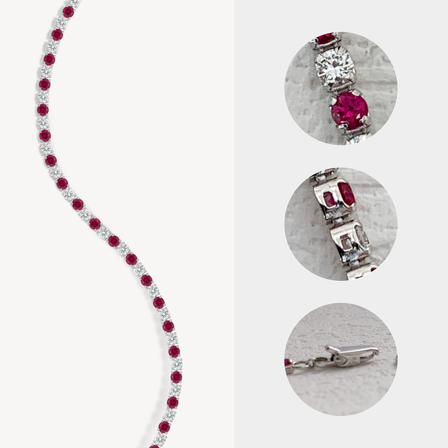 Jewelry set with red gemstones and white gold  clasps on a white background