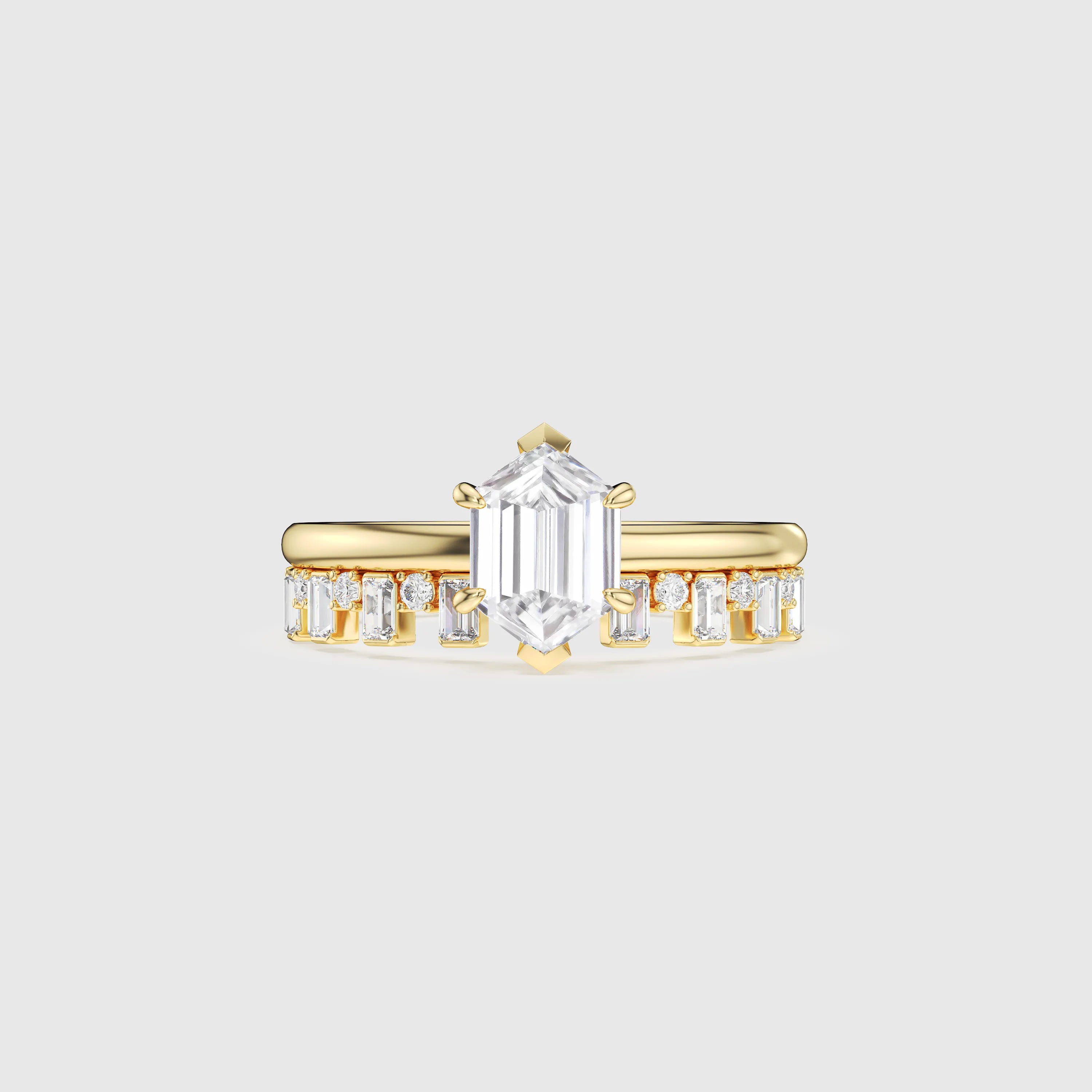 Hexagon Cut Bridal Set with Baguette Diamond Band