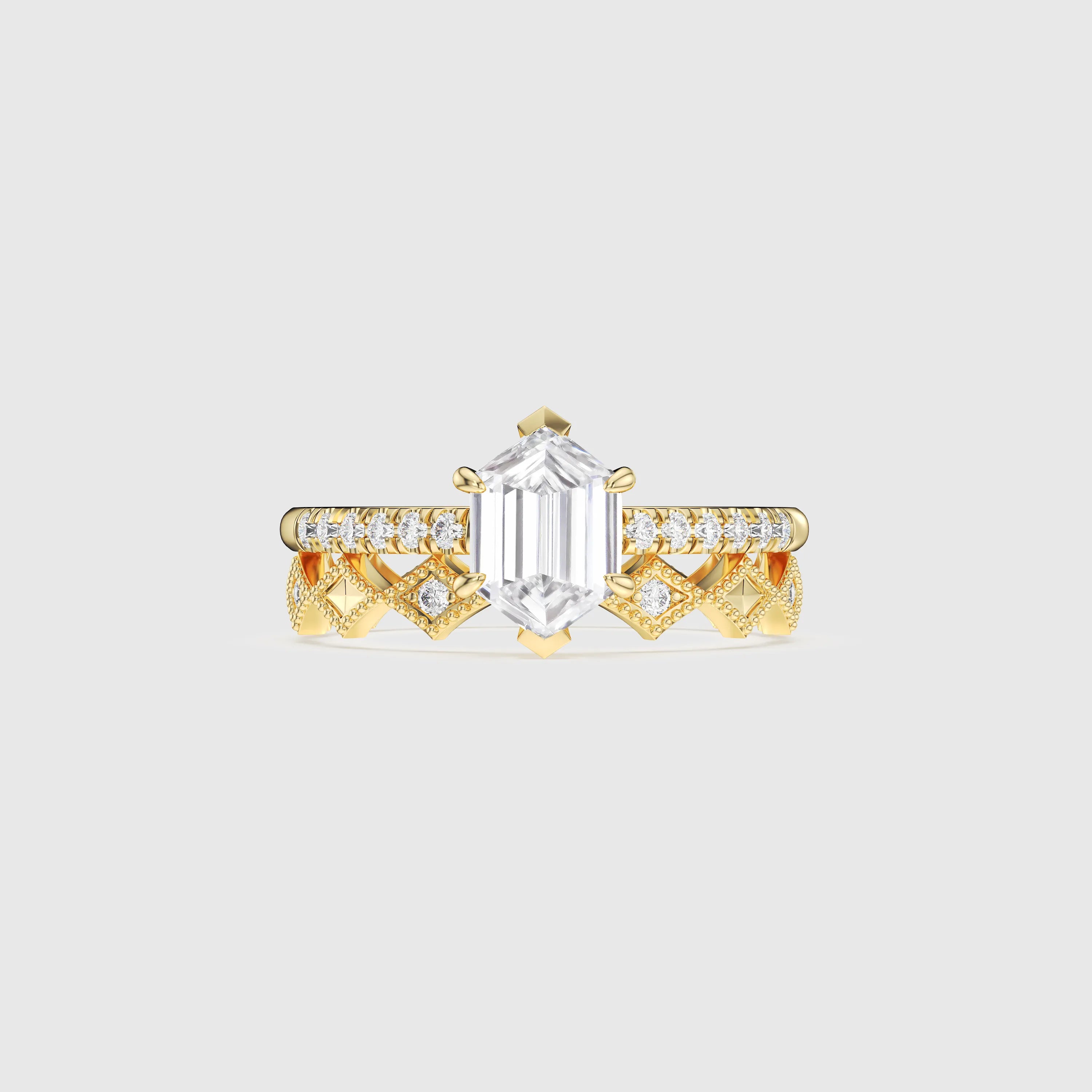 Hexagon Cut Diamond Engagement Ring with Pavé Band Bridal Set