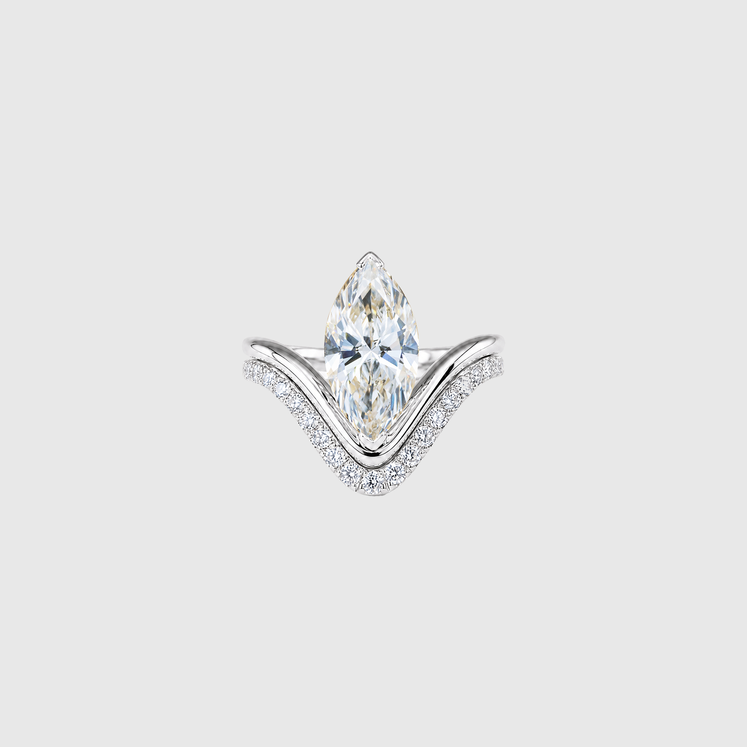 Marquise lab-grown diamond two-piece ring set in white gold, front view.