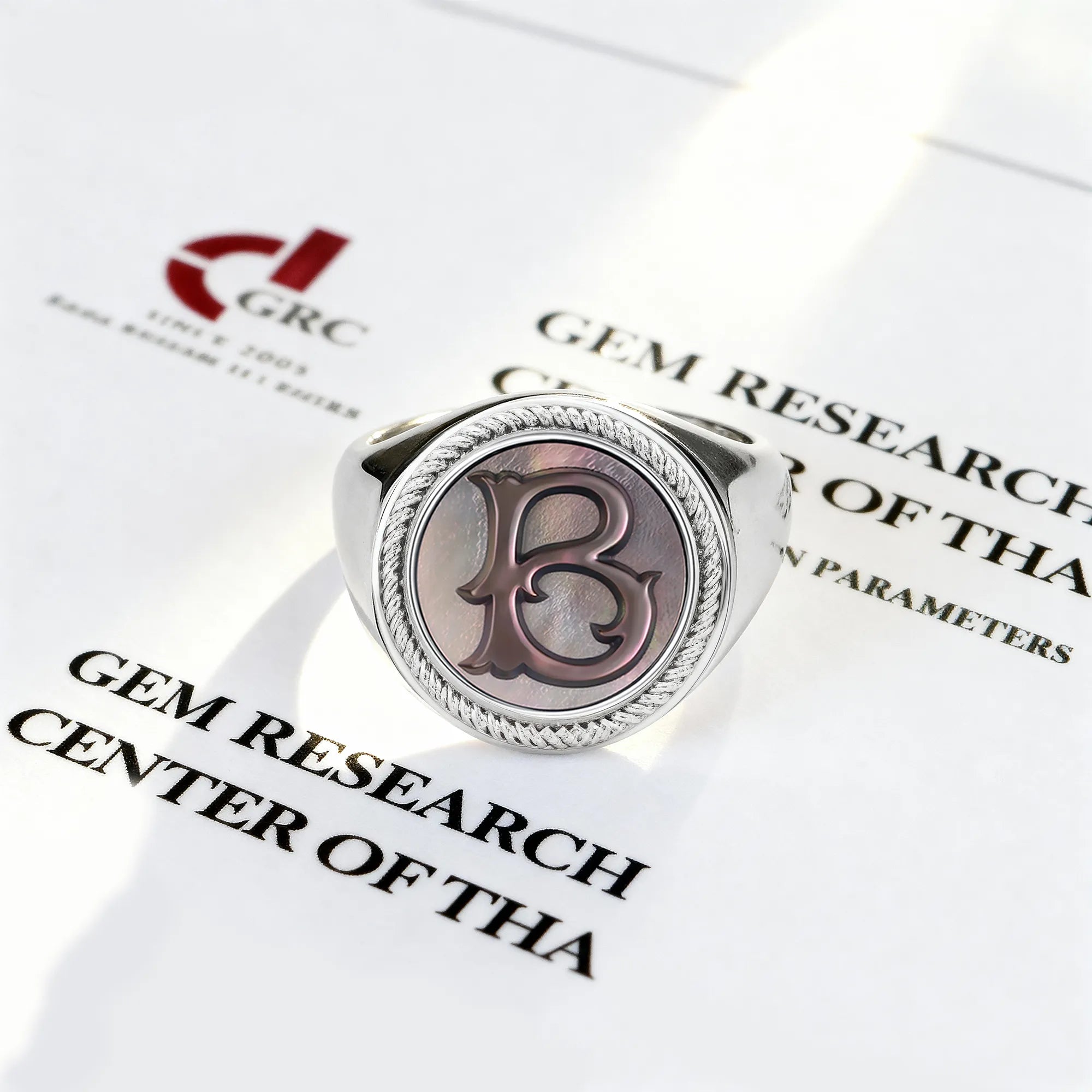 Personalized initial ring jewelry, shown on a 925 sterling silver