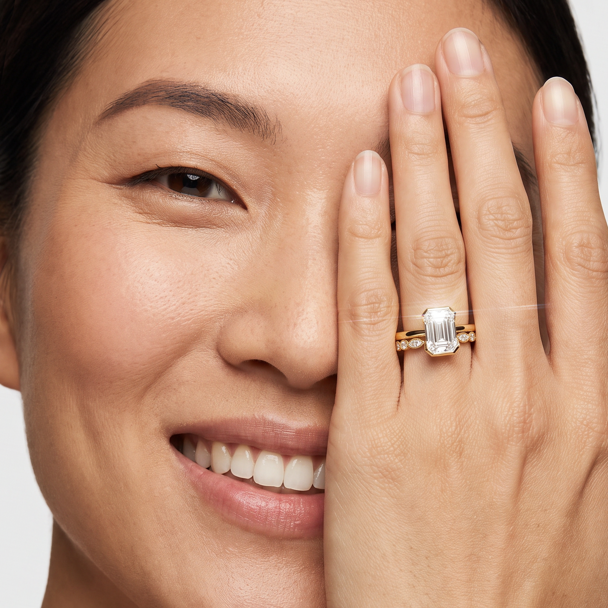 Model wearing an emerald-cut two-ring bridal set in yellow gold on her hand near her face.