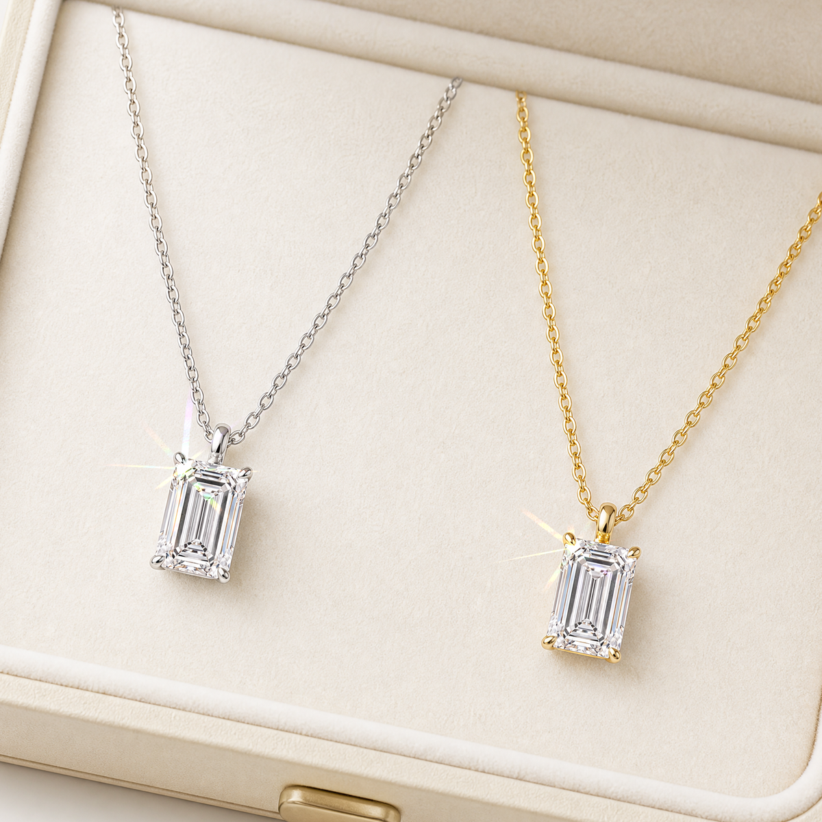 White- and yellow-gold emerald-cut pendants displayed on fine chains in a cream jewelry box.