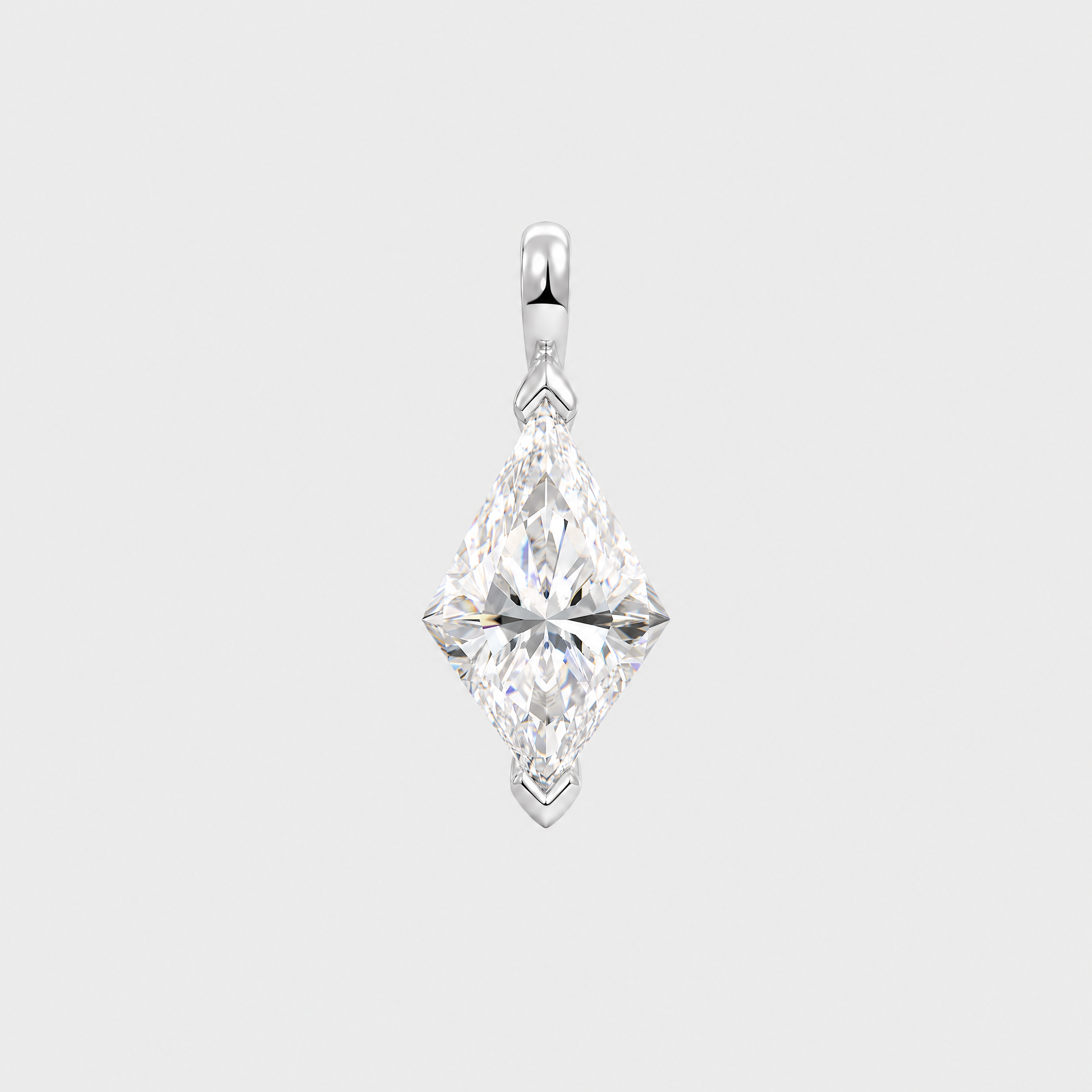Front view of a kite-cut solitaire pendant in white metal with protective tip prongs.