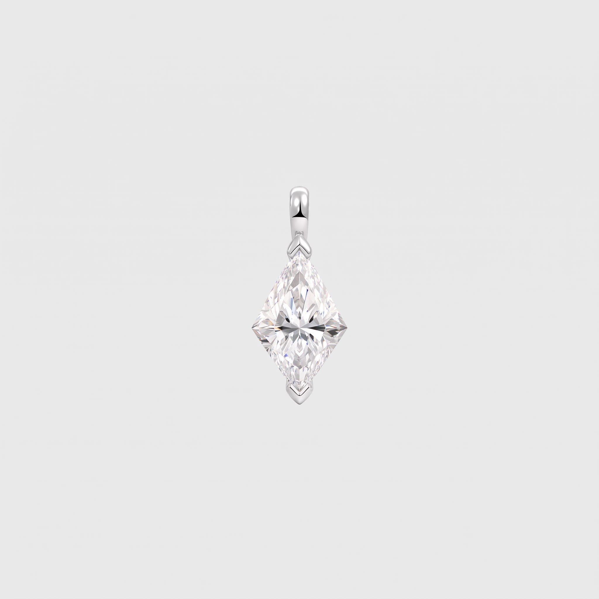 Front view of a kite-cut solitaire pendant in white metal with protective tip prongs.