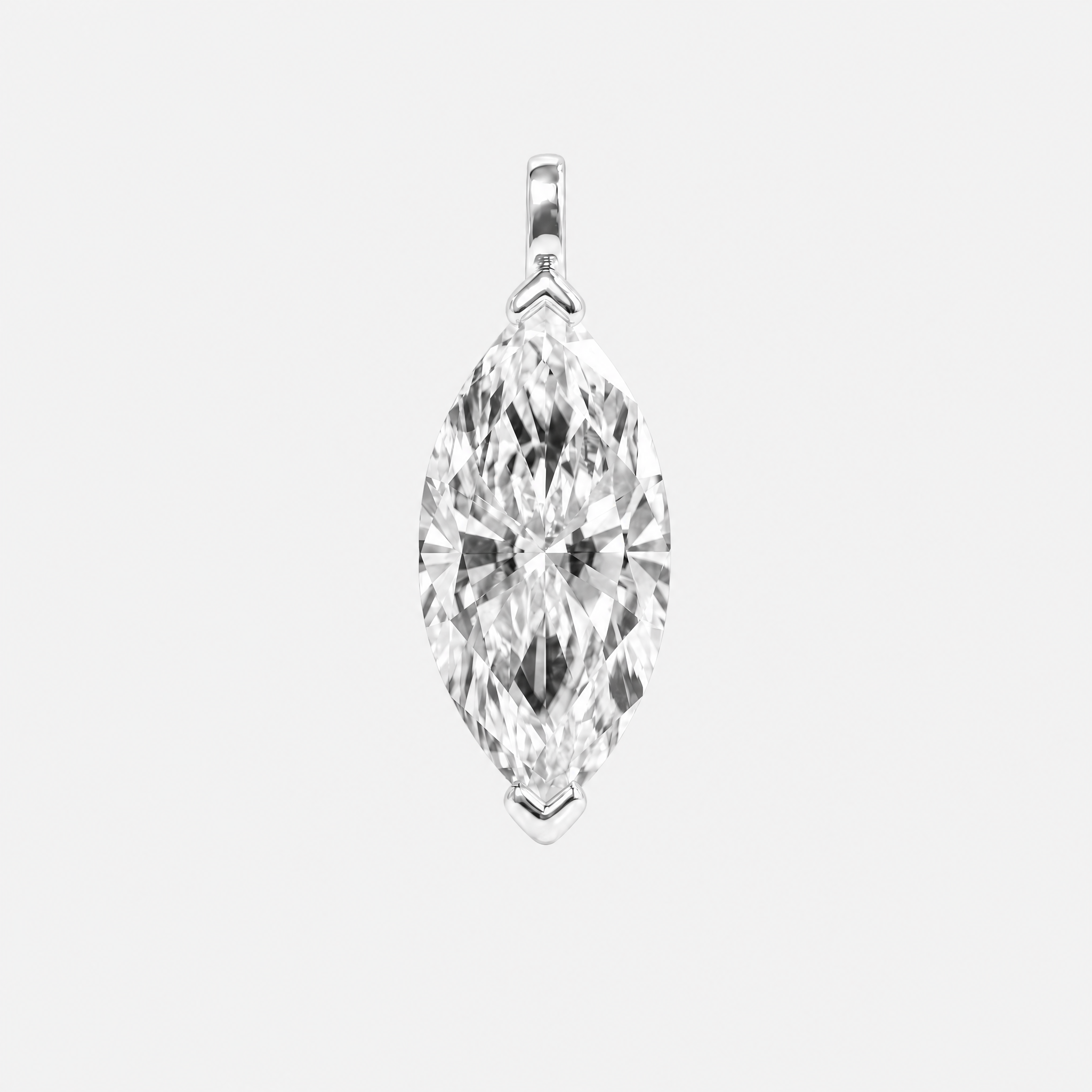 Front view of a marquise-cut solitaire pendant in white metal with protective tip prongs.