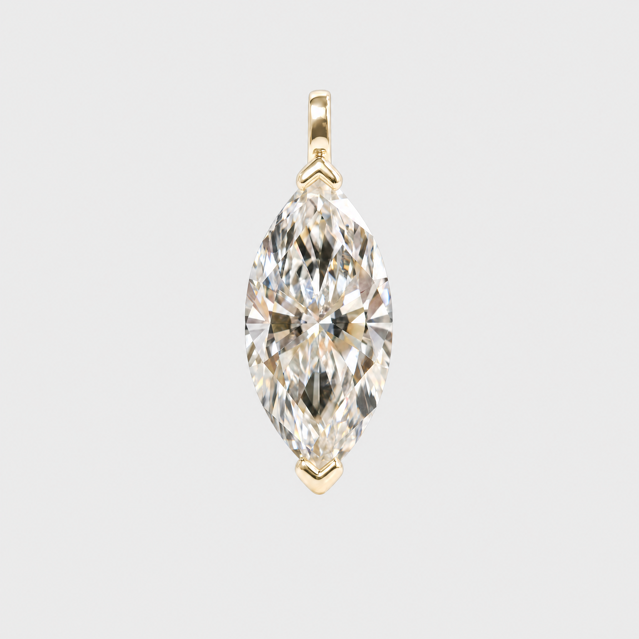 Front view of a marquise-cut solitaire pendant in yellow gold with protective tip prongs.