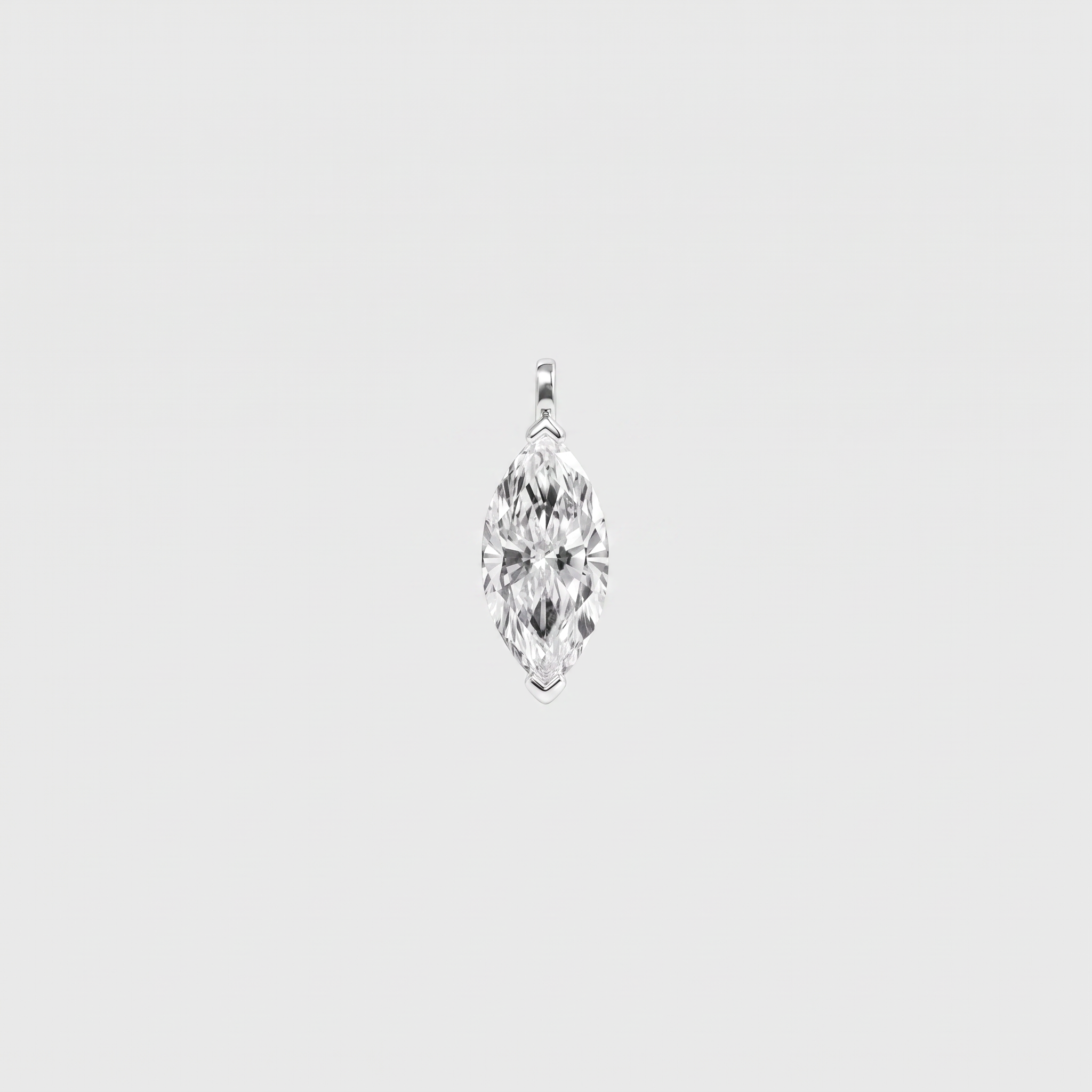 Front view of a marquise-cut solitaire pendant in white  gold with protective tip prongs.