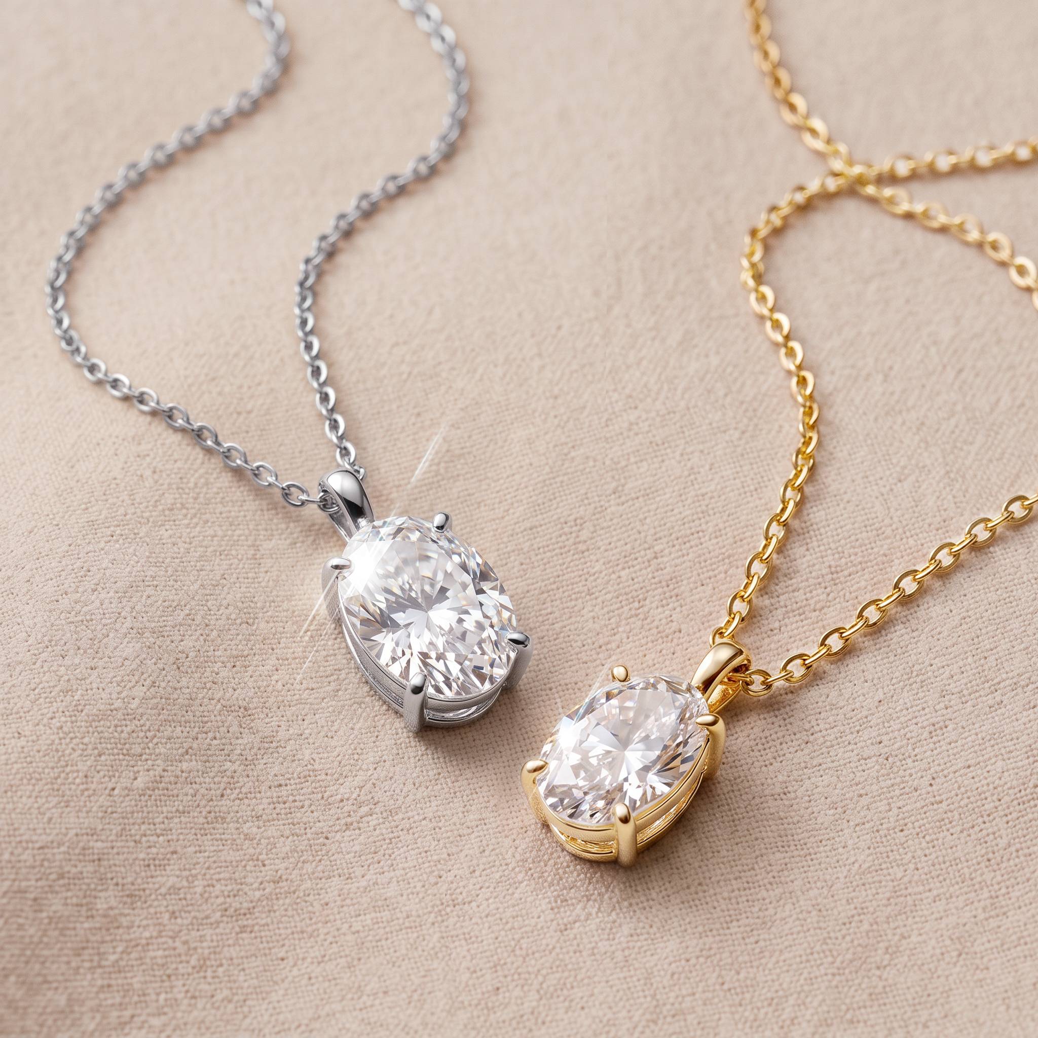 White and yellow gold oval diamond pendant necklaces displayed together.