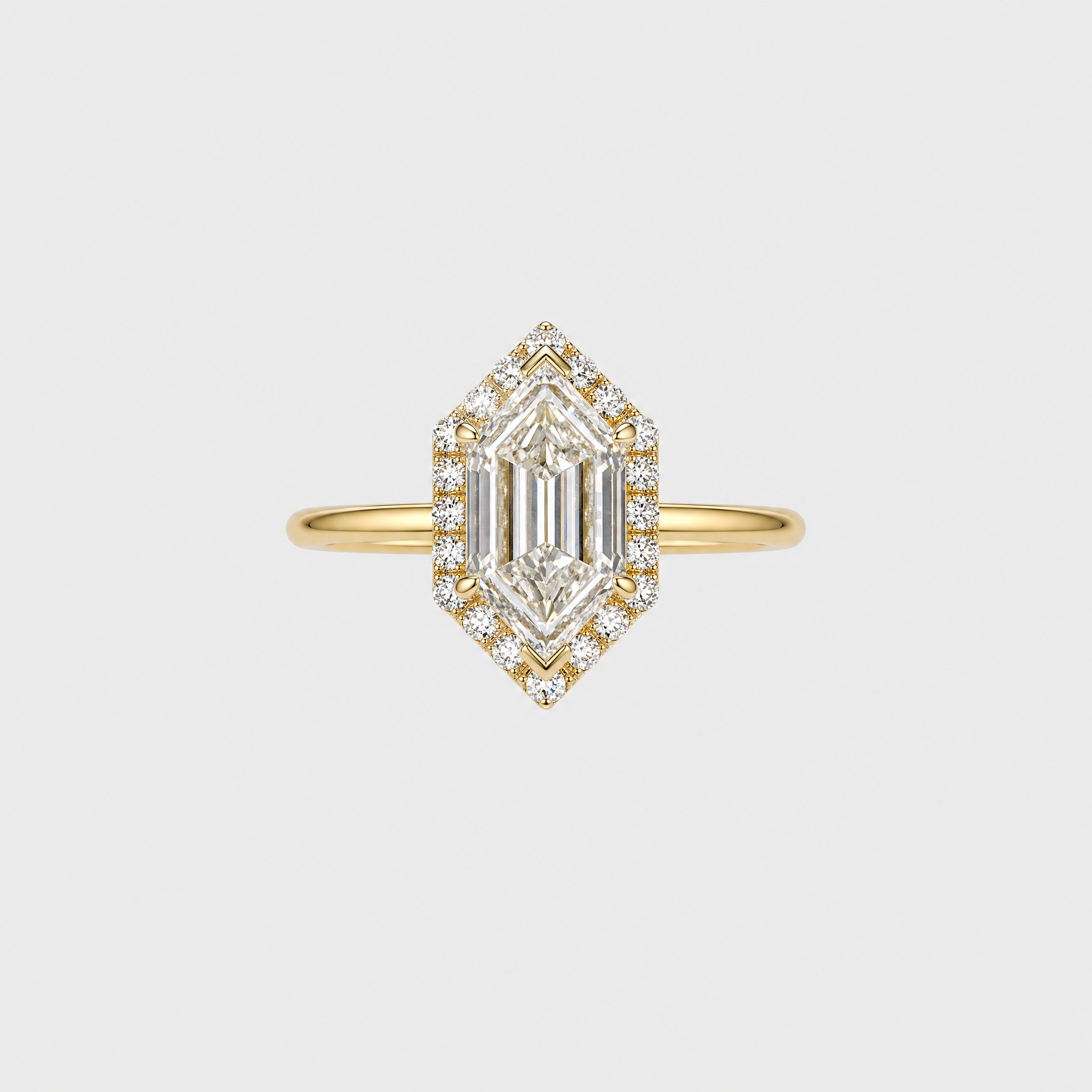 Long Hexagon diamond ring with halo in yellow gold