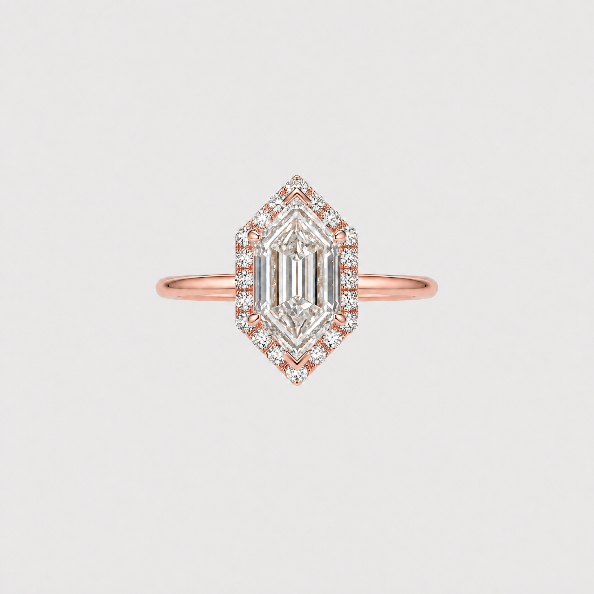 Long Hexagon diamond ring with halo in rose gold