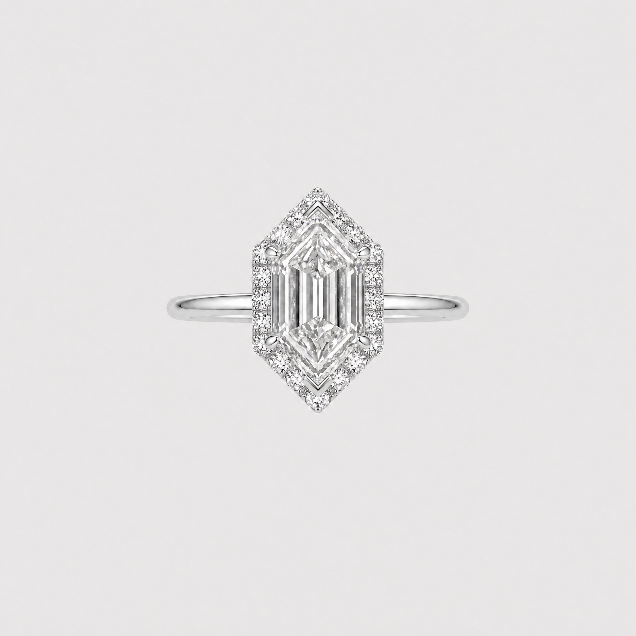 Long Hexagon diamond ring with halo in white gold
