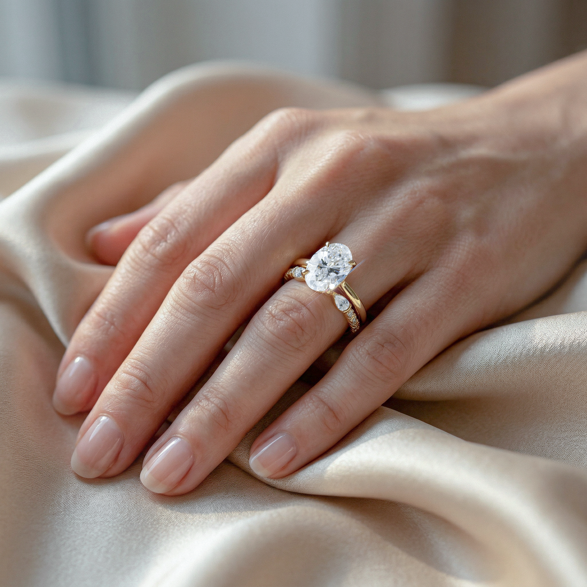 Oval Cut  Classic Gold Band Bridal Set with Lab Diamond