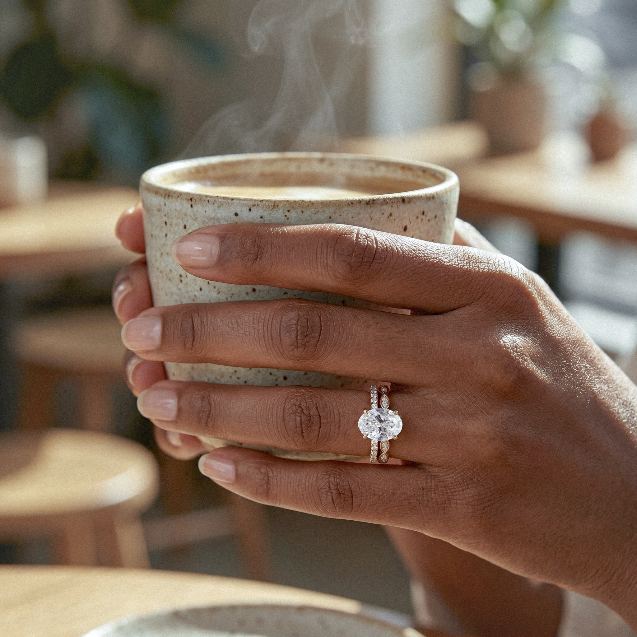 Hand wearing oval diamond ring set holding a steaming ceramic cup 