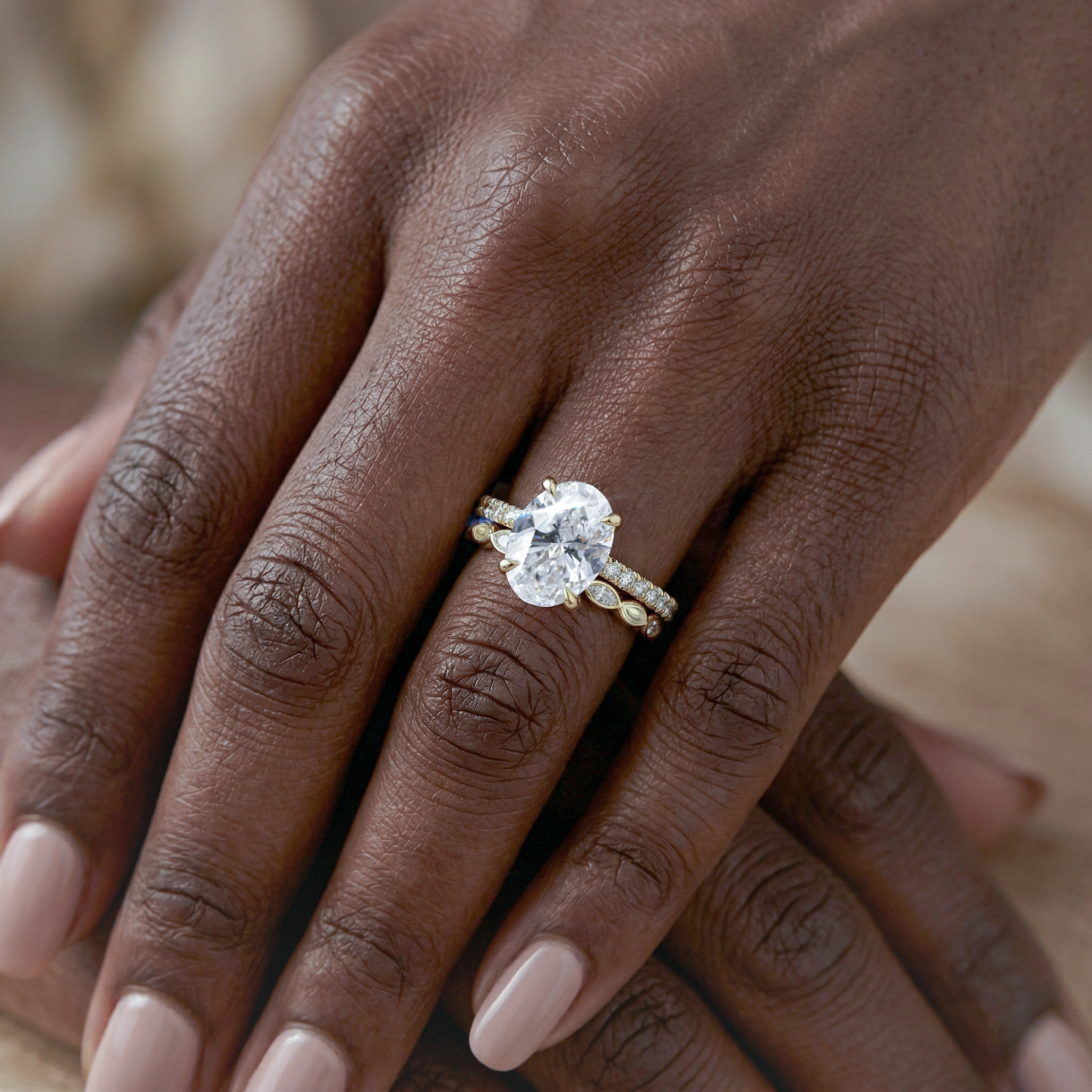 Glamorous Oval Diamond Ring with Double Row Band