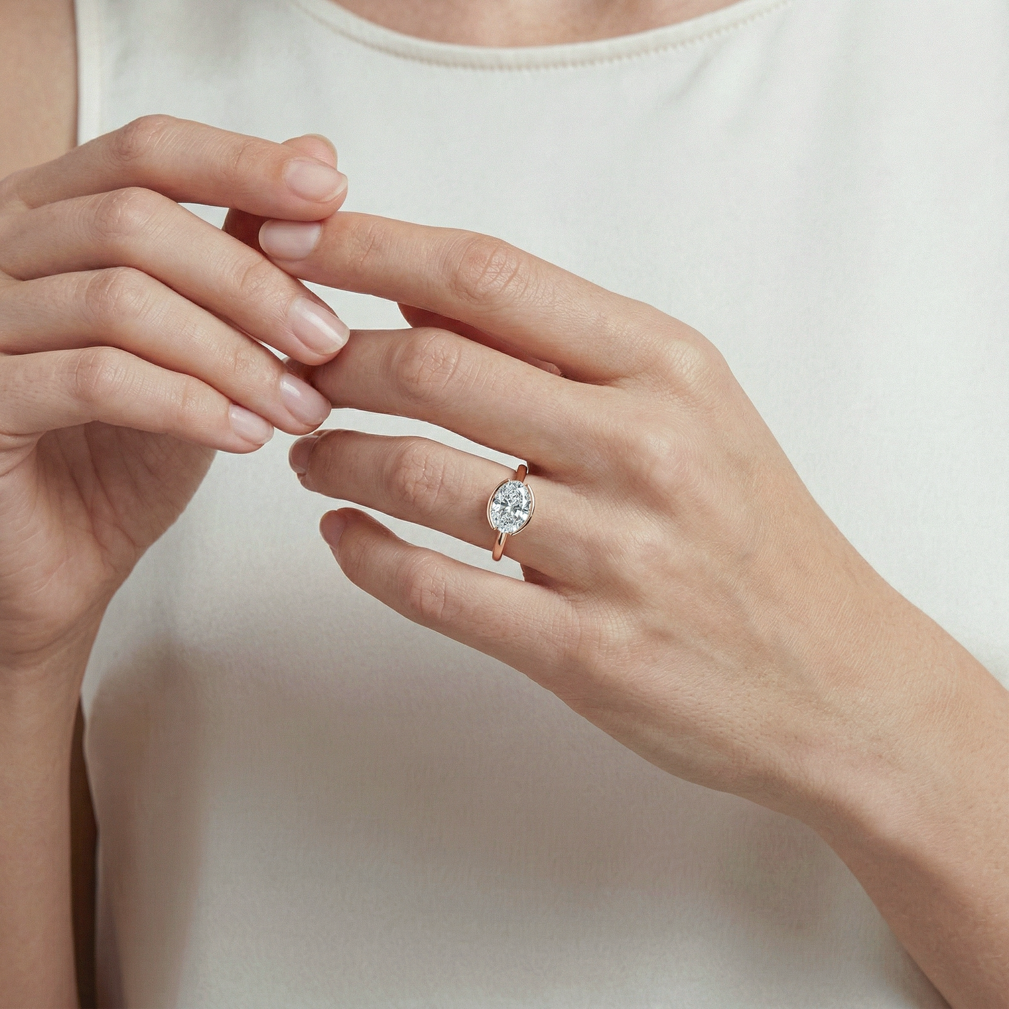 West-East Bezel Oval Lab Grown Diamond Golden Ring