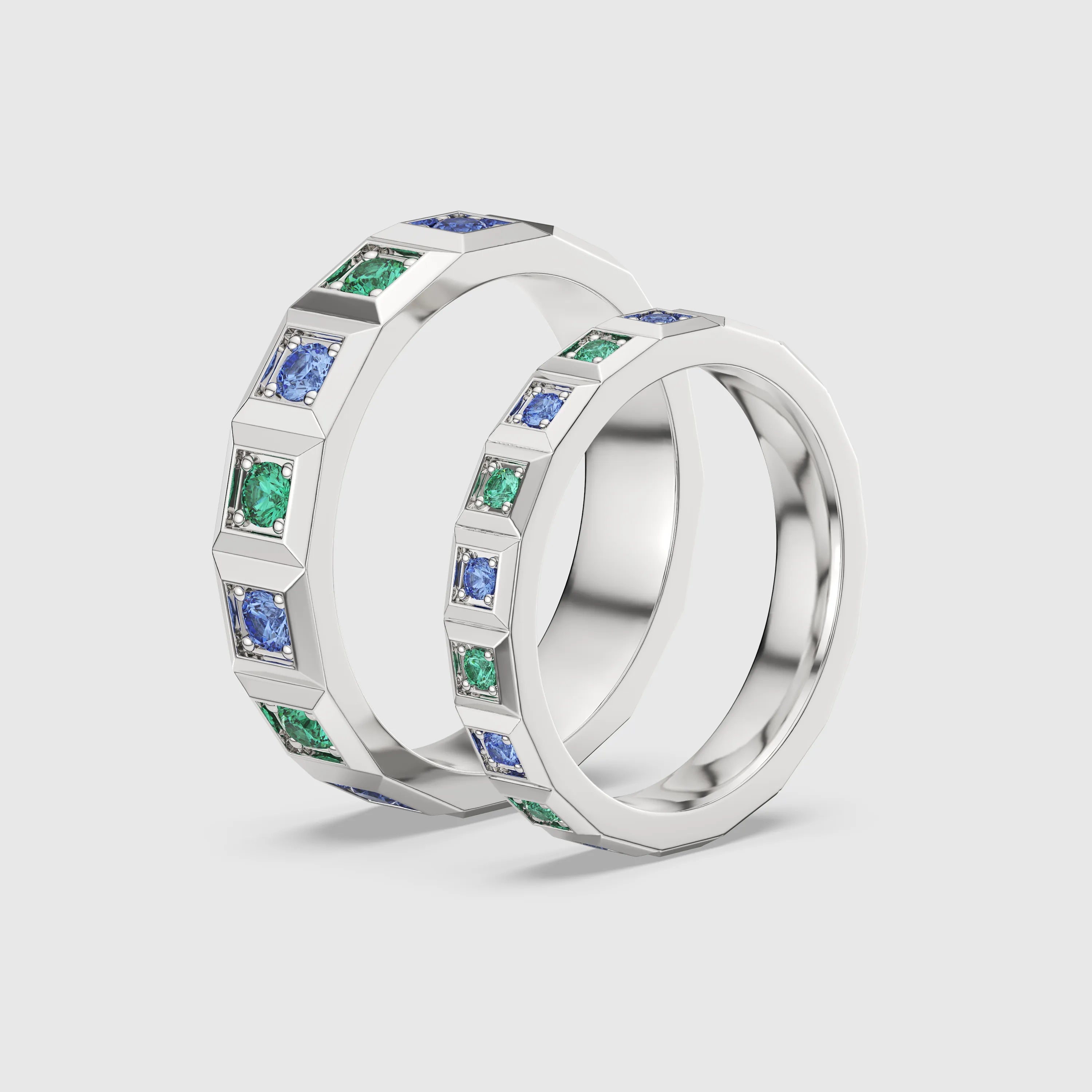 Emerald & Sapphire Geometric Couple Ring 2PCs