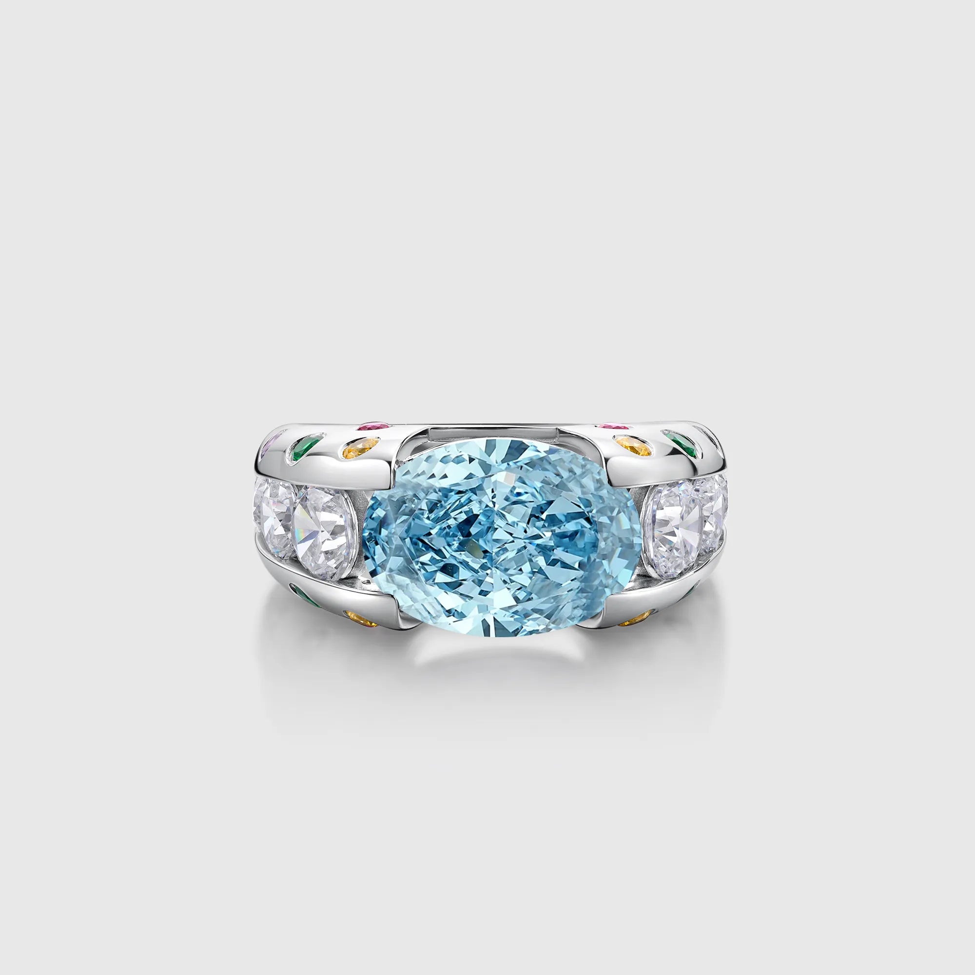 Aquamarine Oval Cut Gemstone Ring with Multicolor Design Band