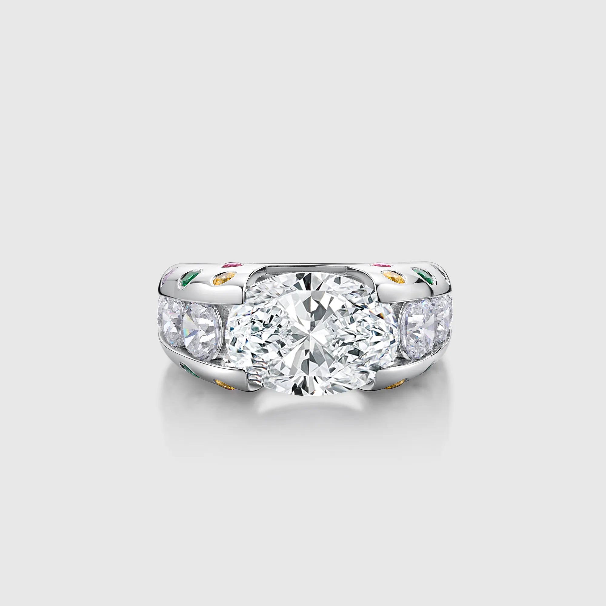 Oval Cut Moissanite Ring with Gemstone Multicolor Accents Band