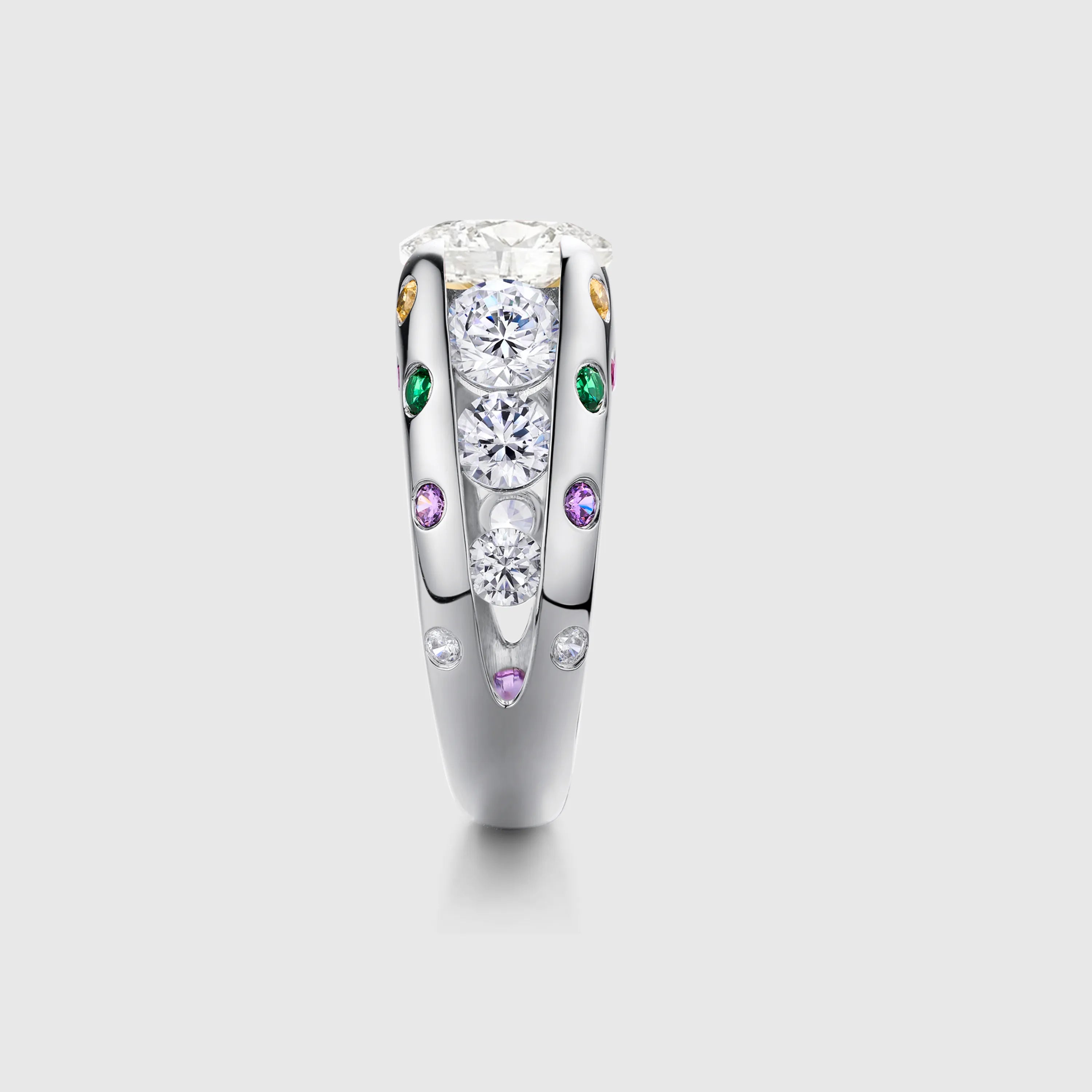 Oval Cut Moissanite Ring with Gemstone Multicolor Accents Band