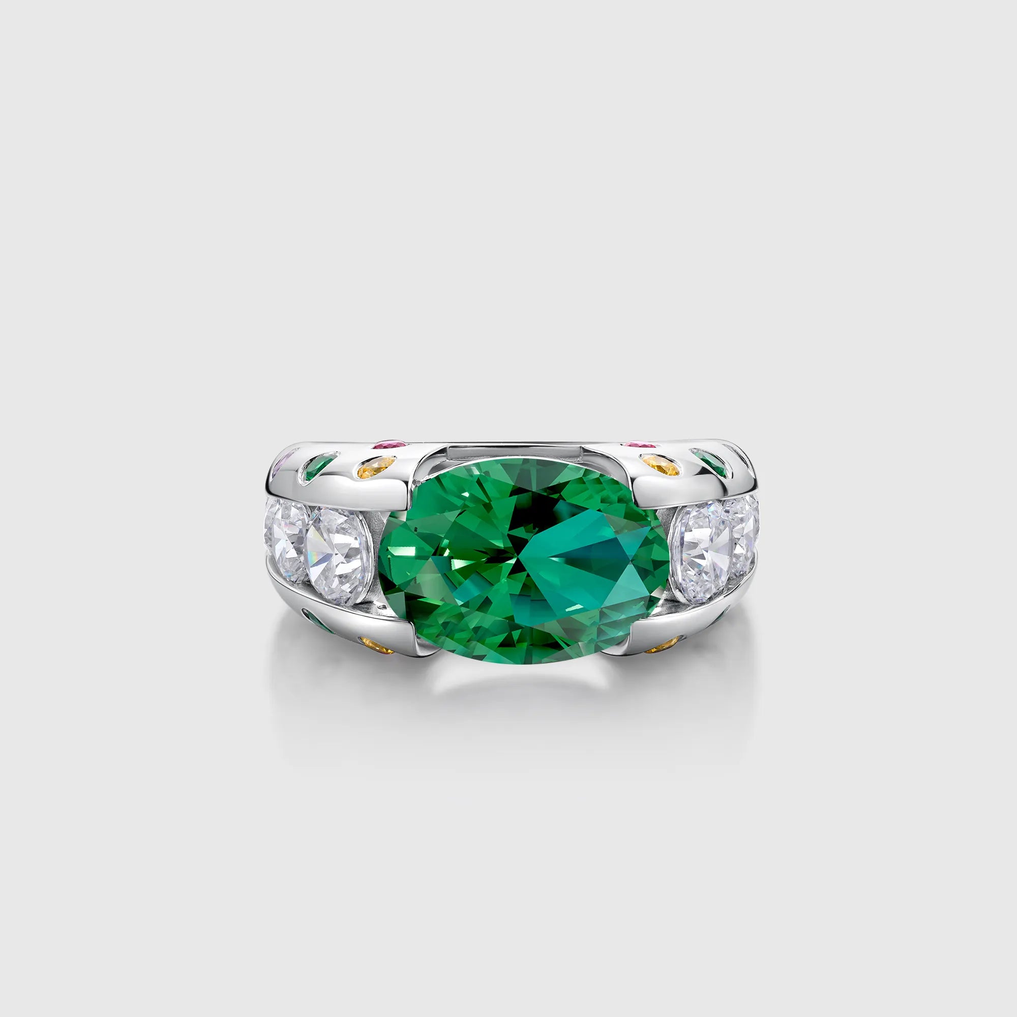 Emerald Oval Cut Gemstone Ring with Multicolor Statement Ring Band