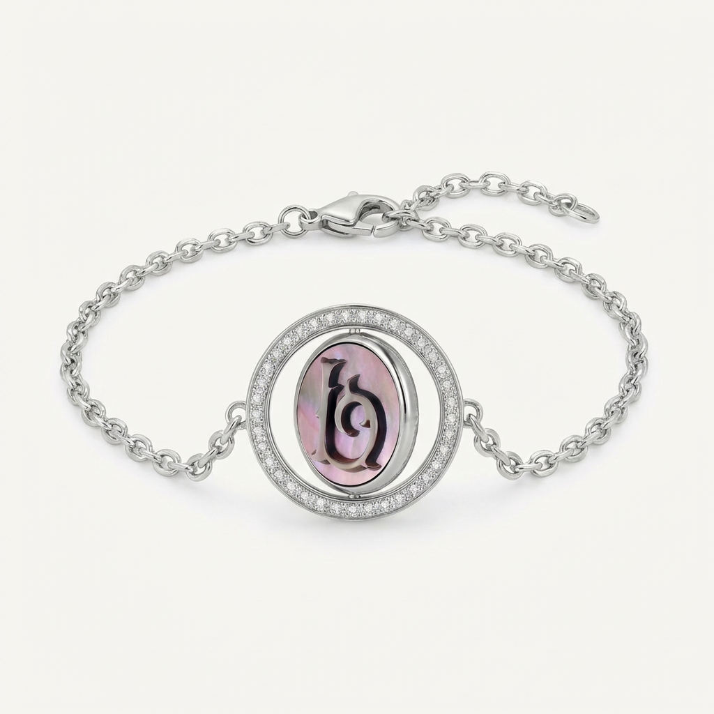 Reversible personalized initial diamond necklace with a black mother-of-pearl background, shown on a 925 sterling silver chain.