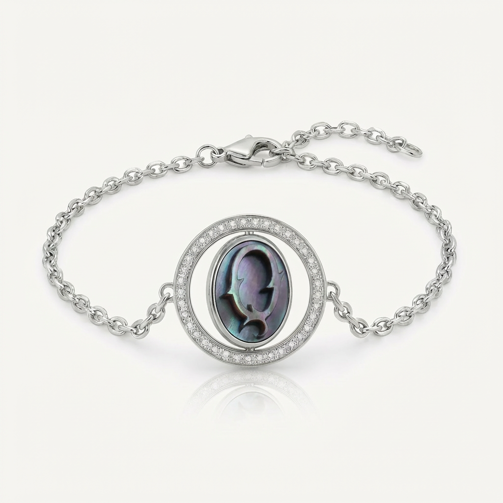 Reversible personalized initial diamond necklace with a black mother-of-pearl background, shown on a 925 sterling silver chain.