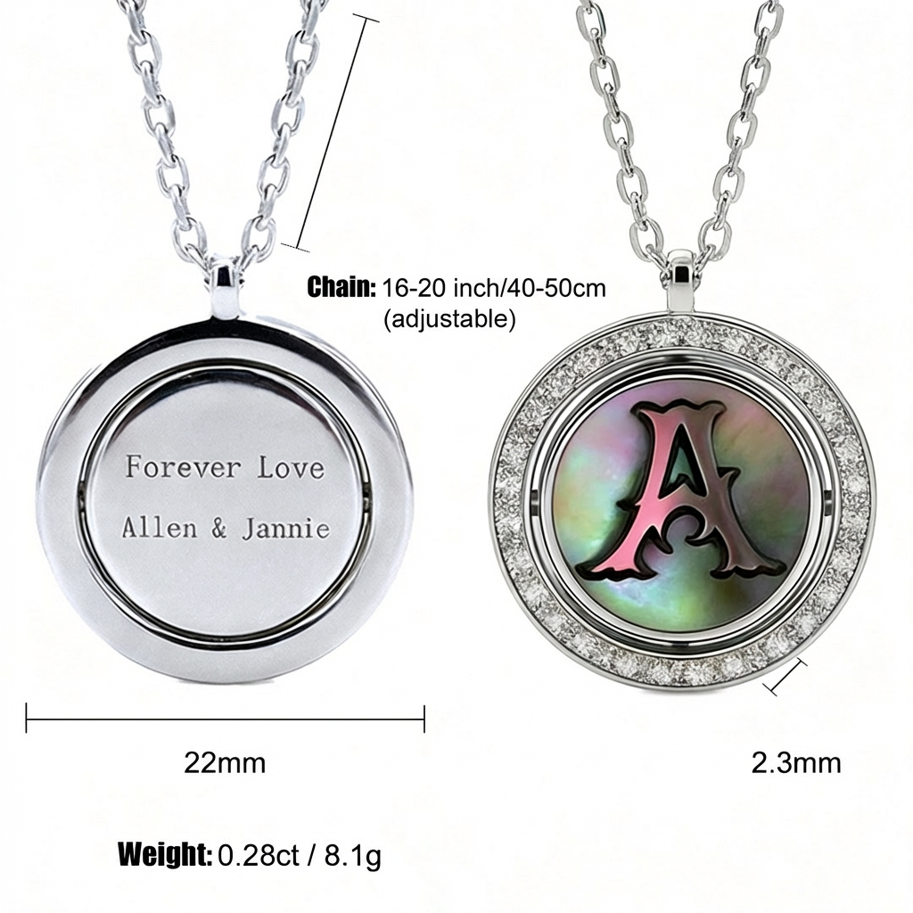 Reversible personalized initial diamond necklace with a black mother-of-pearl background, shown on a 925 sterling silver chain.