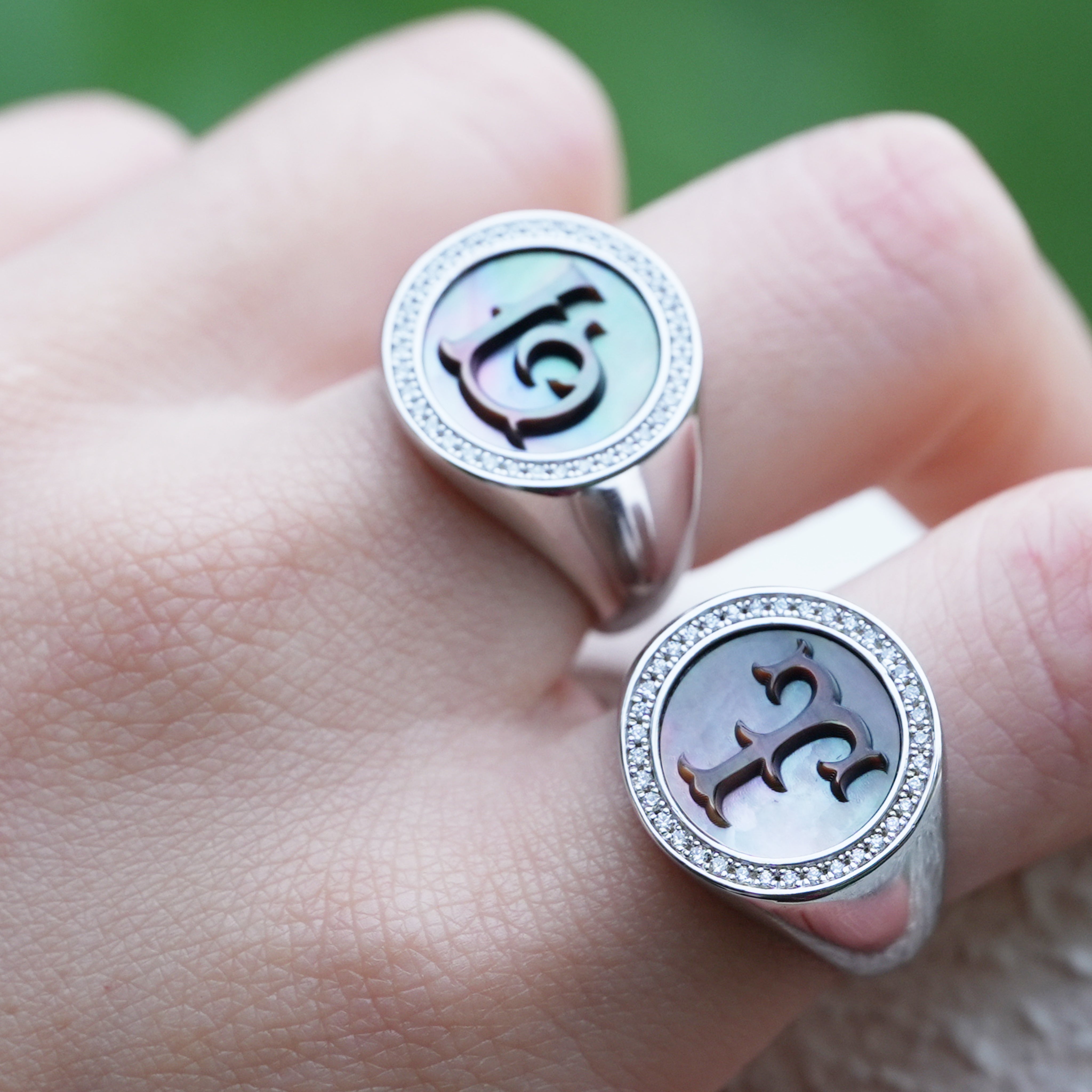 Letter T Ring with Lab-Grown Diamonds and Mother of Pearl Inlay