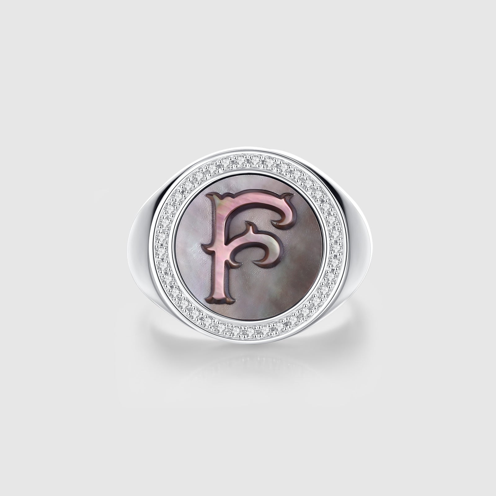 Letter F Ring with Lab-Grown Diamonds and Mother of Pearl Inlay